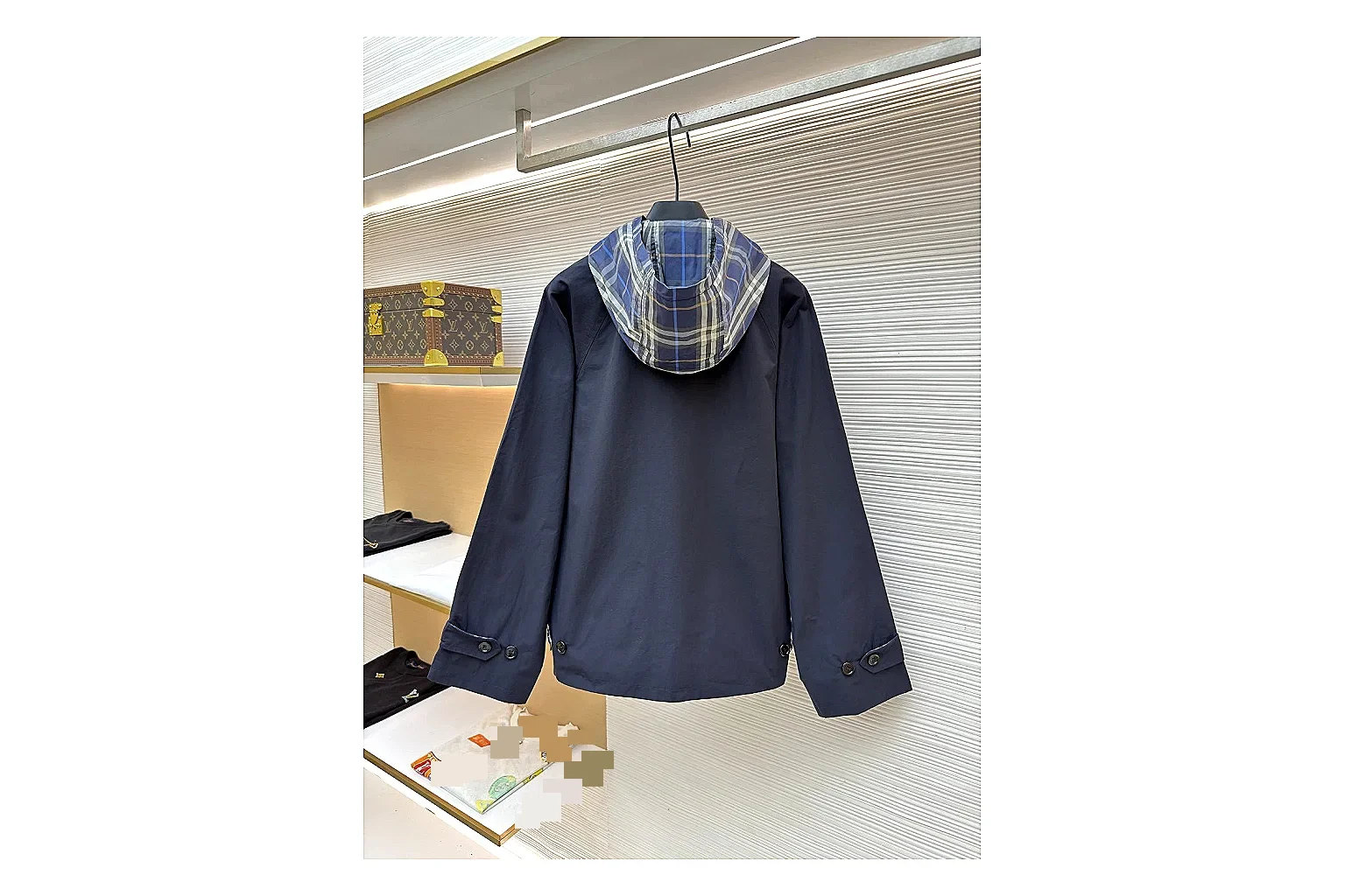 Burberry Reversible Hooded Jacket Navy Check Jacket spreadsheet record image with navy reversible hooded check jacket with nylon-cotton texture, hood structure, zipper line, sleeve cuffs, and light shell shape