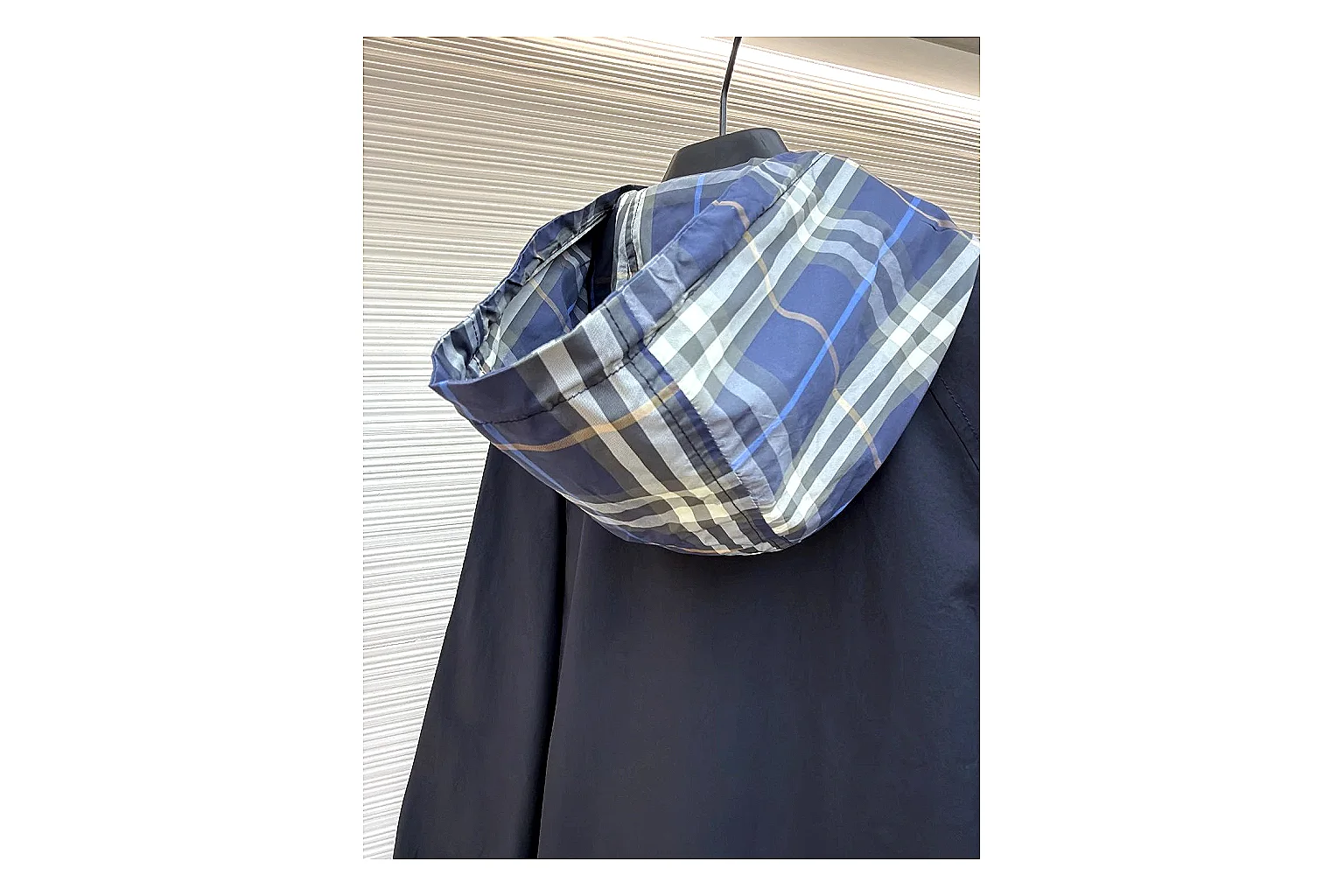 Burberry Reversible Hooded Jacket Navy Check Jacket spreadsheet record image with navy reversible hooded check jacket with nylon-cotton texture, hood structure, zipper line, sleeve cuffs, and light shell shape thumbnail 6