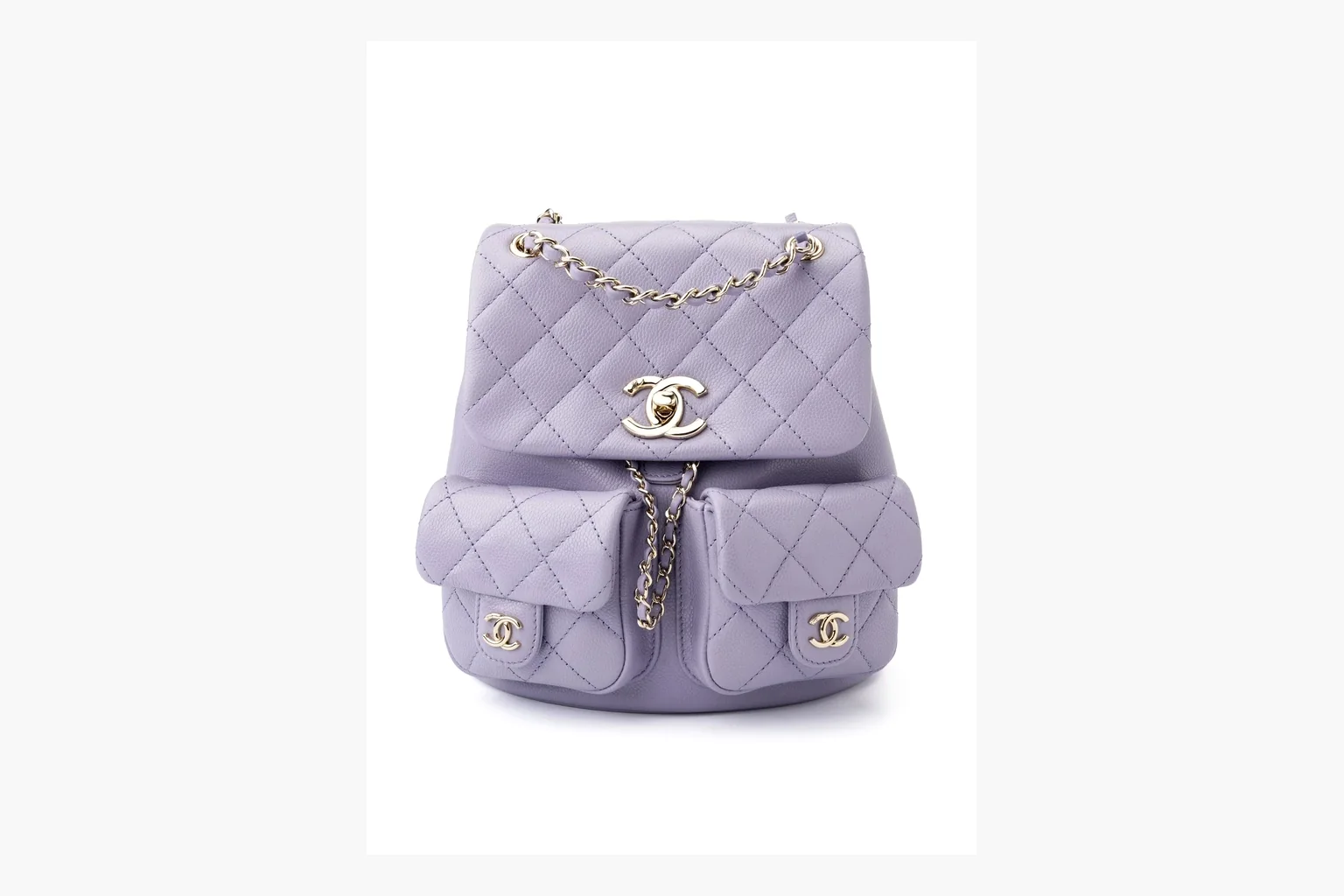 Chanel Lavender Quilted Backpack spreadsheet record photo showing lavender quilted leather backpack body, gold hardware, chain shoulder straps, rounded base, and compact flap structure