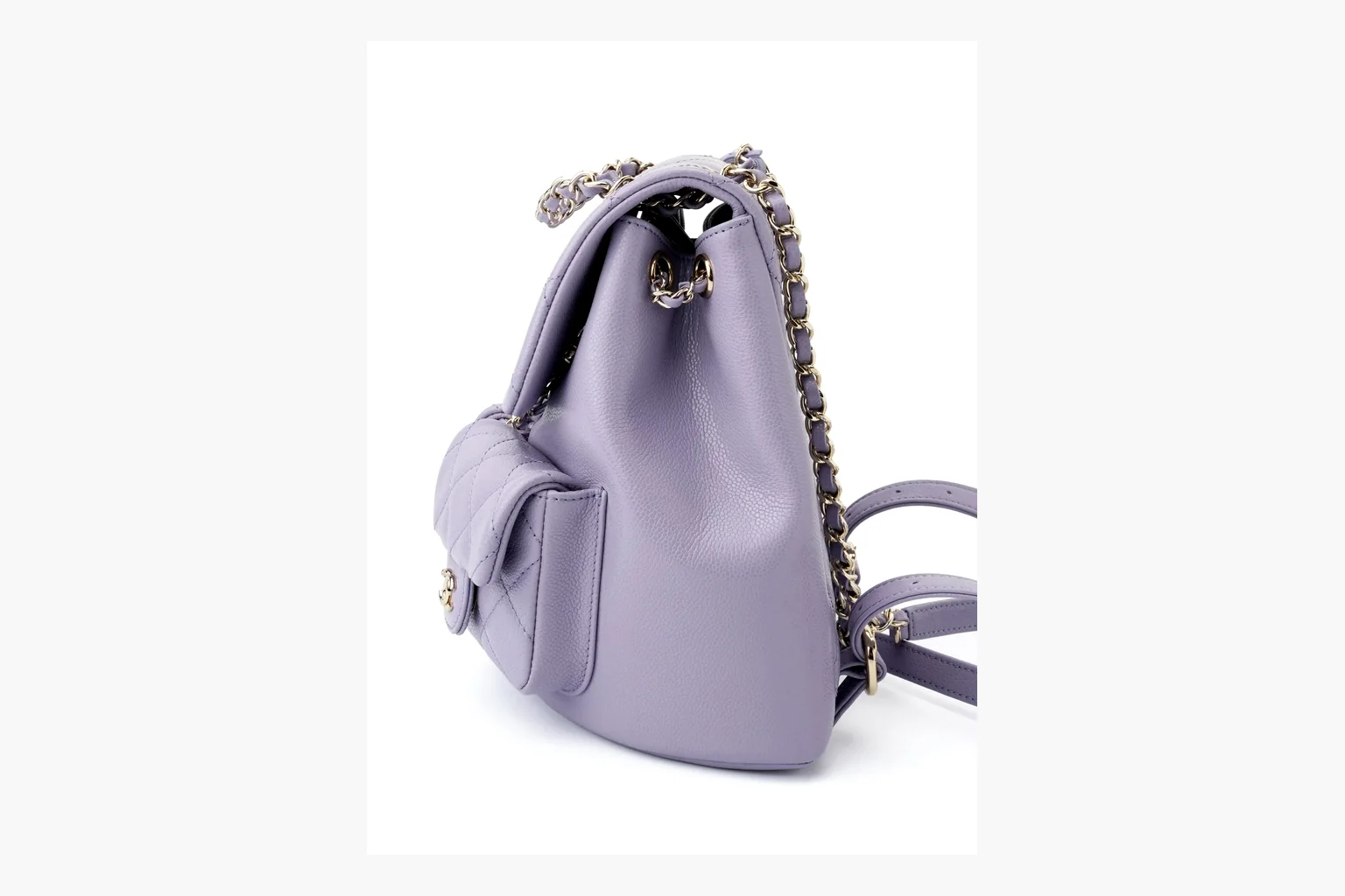 Chanel Lavender Quilted Backpack spreadsheet record photo showing lavender quilted leather backpack body, gold hardware, chain shoulder straps, rounded base, and compact flap structure thumbnail 2
