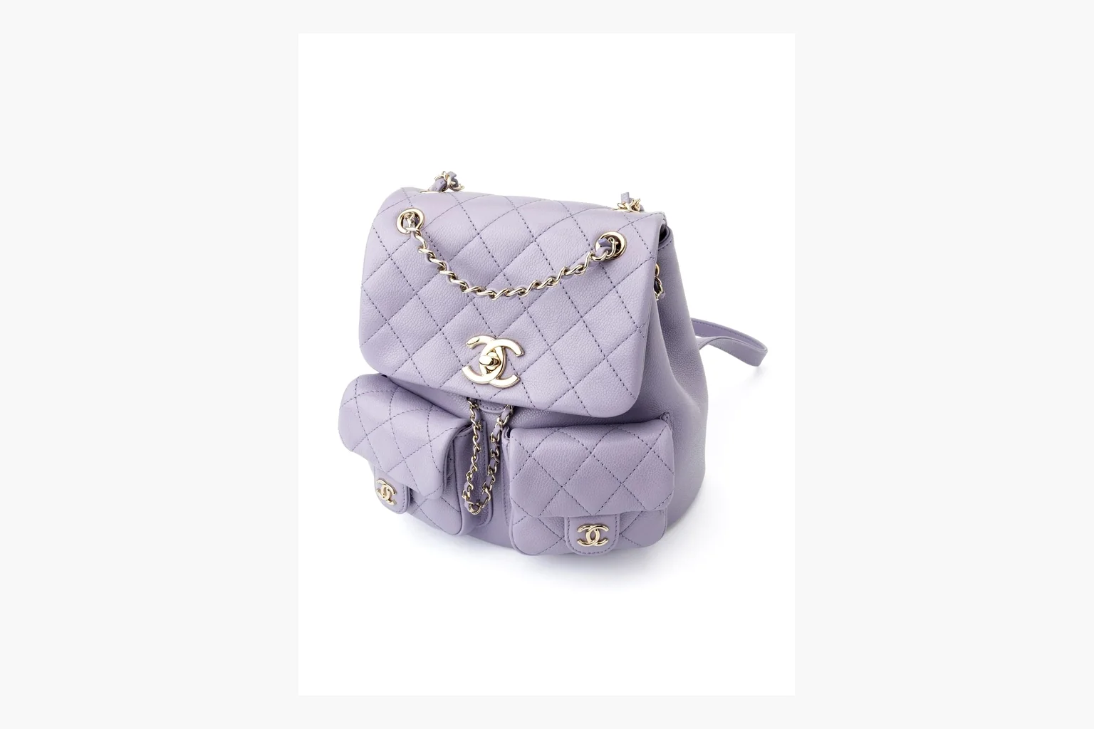 Chanel Lavender Quilted Backpack spreadsheet record photo showing lavender quilted leather backpack body, gold hardware, chain shoulder straps, rounded base, and compact flap structure thumbnail 3