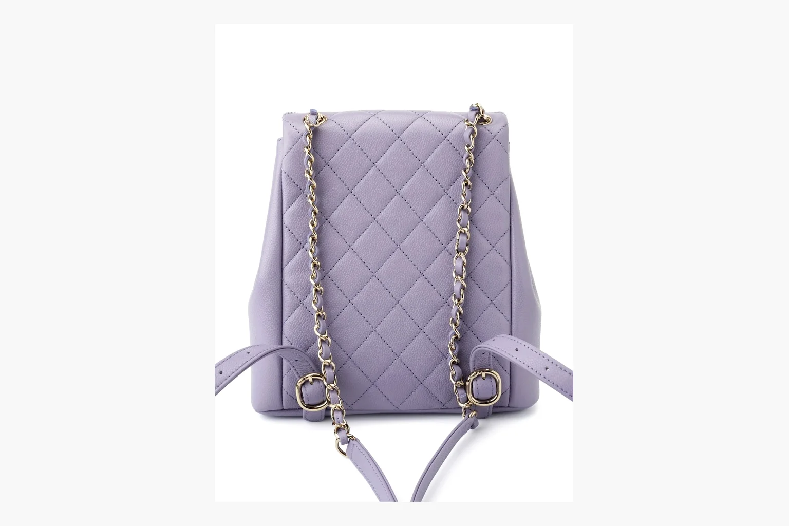 Chanel Lavender Quilted Backpack spreadsheet record photo showing lavender quilted leather backpack body, gold hardware, chain shoulder straps, rounded base, and compact flap structure