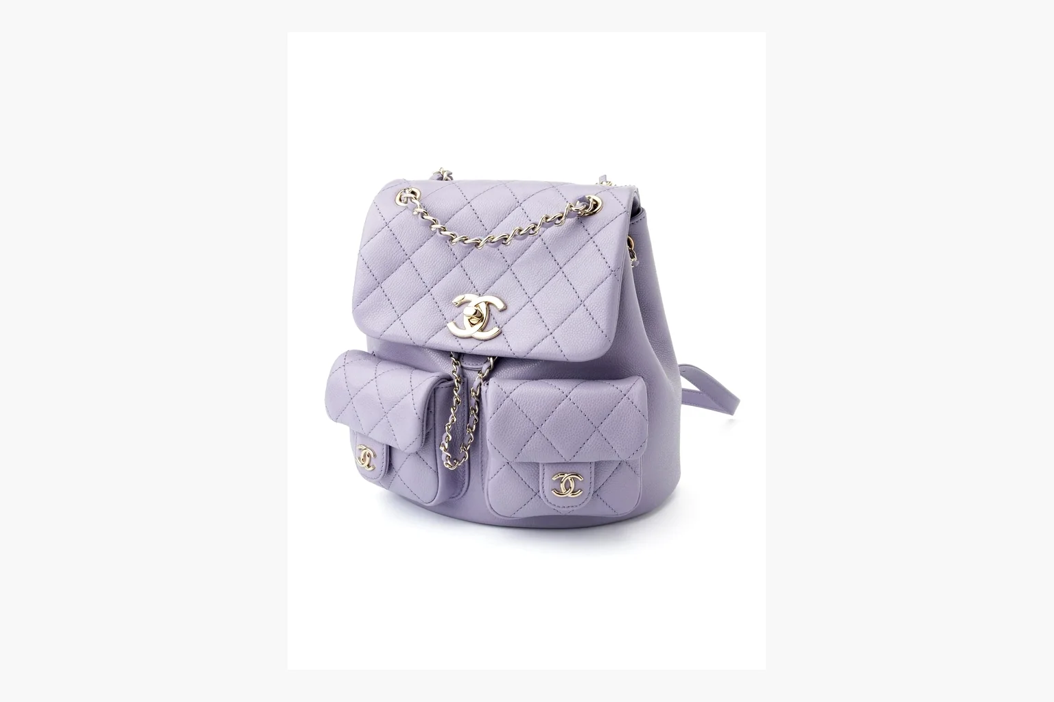 Chanel Lavender Quilted Backpack spreadsheet record photo showing lavender quilted leather backpack body, gold hardware, chain shoulder straps, rounded base, and compact flap structure thumbnail 6