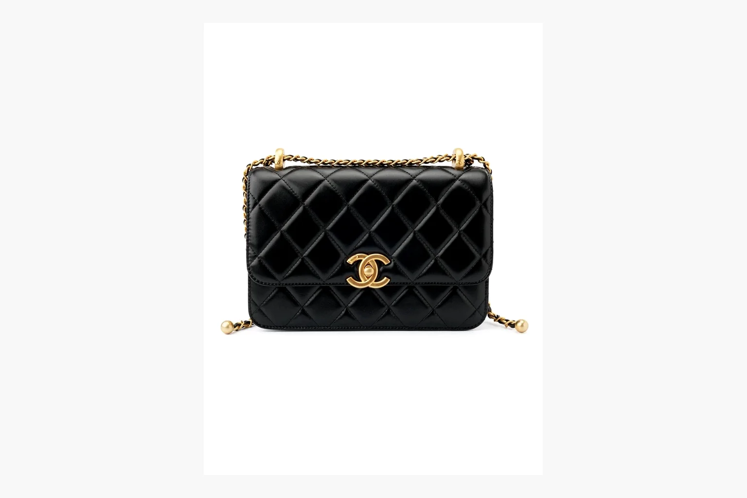 Chanel Black Quilted Chain Flap Bag spreadsheet record photo showing black quilted leather flap body, gold chain strap, CC front logo, rectangular shoulder-bag shape, and polished hardware