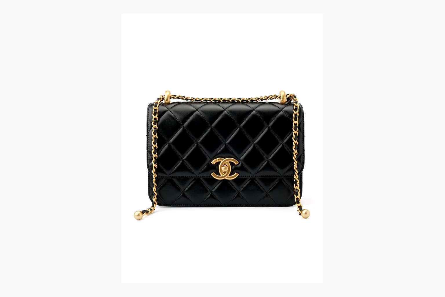 Chanel Black Quilted Chain Flap Bag spreadsheet record photo showing black quilted leather flap body, gold chain strap, CC front logo, rectangular shoulder-bag shape, and polished hardware