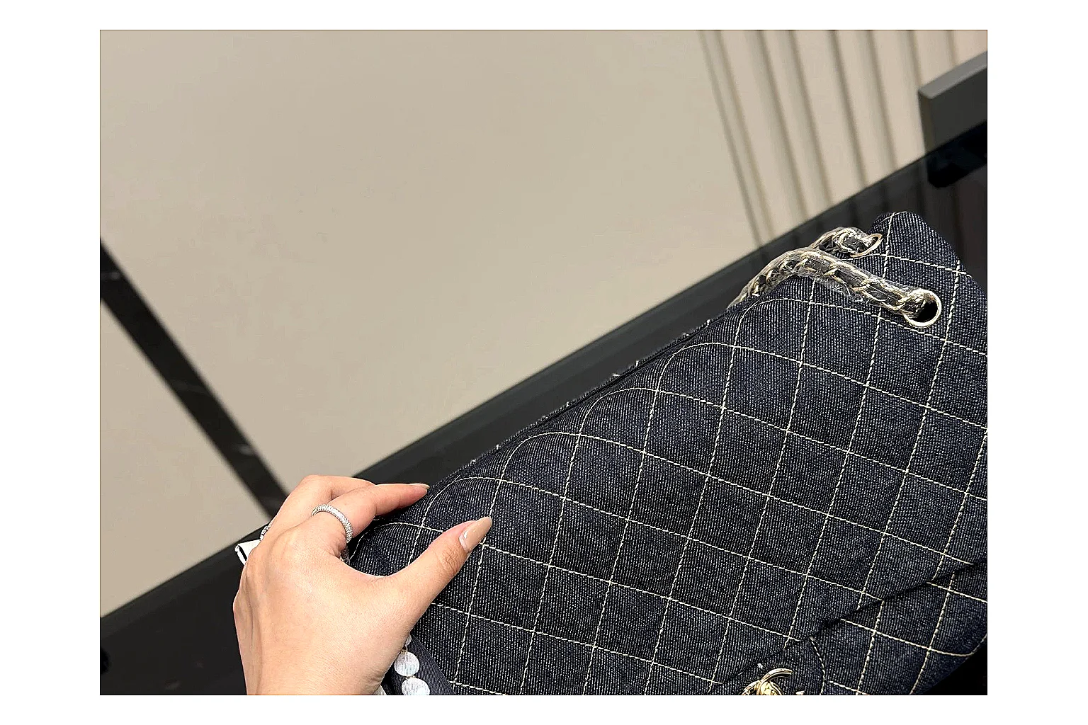 Chanel Quilted Flap Bag Black Denim spreadsheet record photo showing black denim-look quilted flap body, shoulder-bag shape, chain strap, and polished hardware thumbnail 2