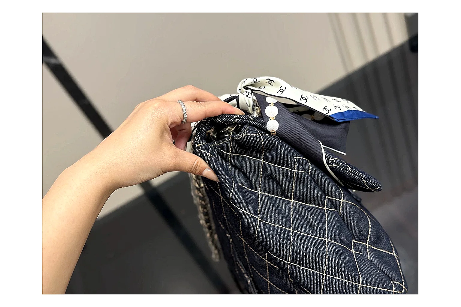 Chanel Quilted Flap Bag Black Denim spreadsheet record photo showing black denim-look quilted flap body, shoulder-bag shape, chain strap, and polished hardware thumbnail 3