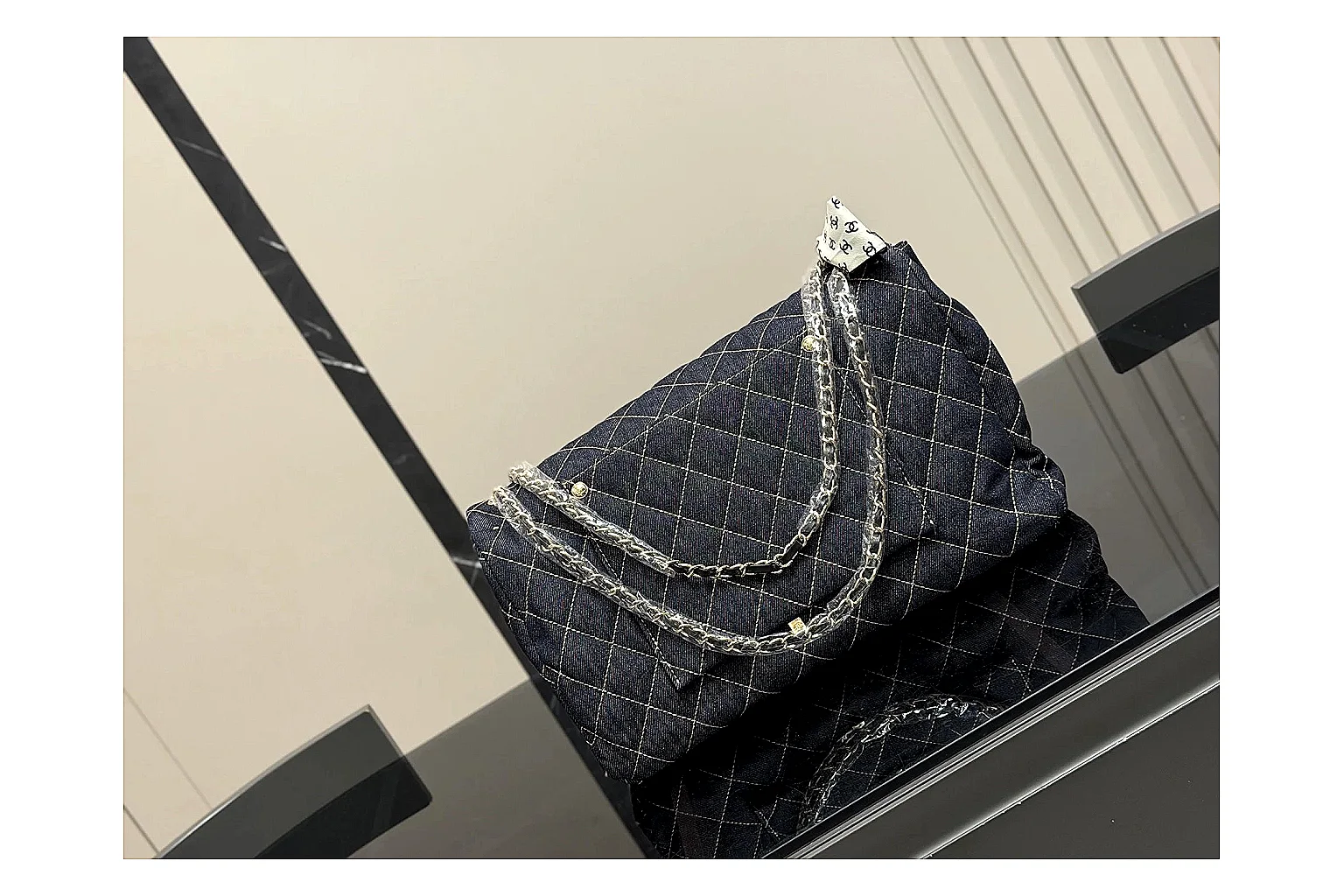 Chanel Quilted Flap Bag Black Denim spreadsheet record photo showing black denim-look quilted flap body, shoulder-bag shape, chain strap, and polished hardware thumbnail 5