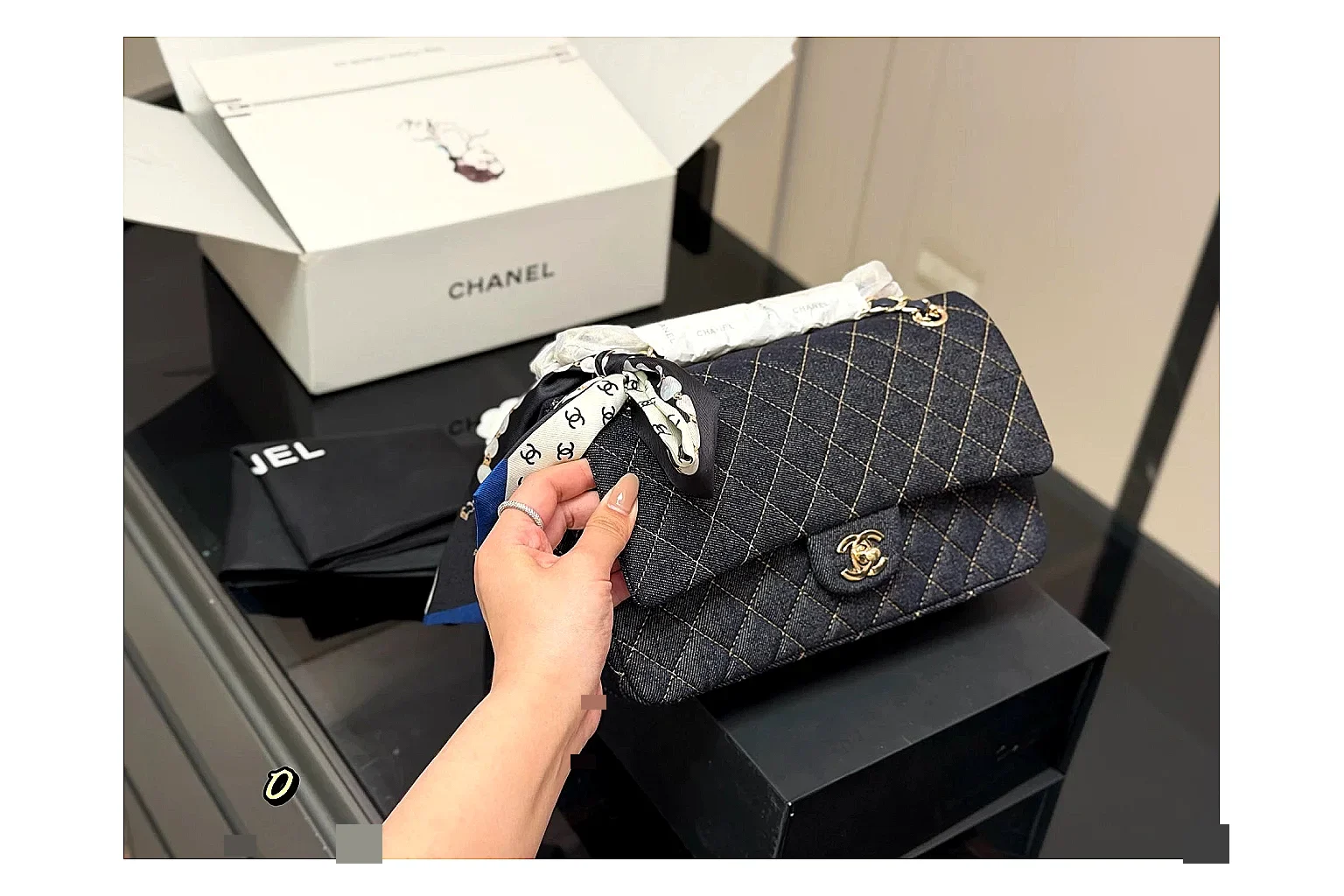 Chanel Quilted Flap Bag Black Navy spreadsheet record photo showing black navy quilted leather body, flap structure, chain strap, and polished luxury hardware