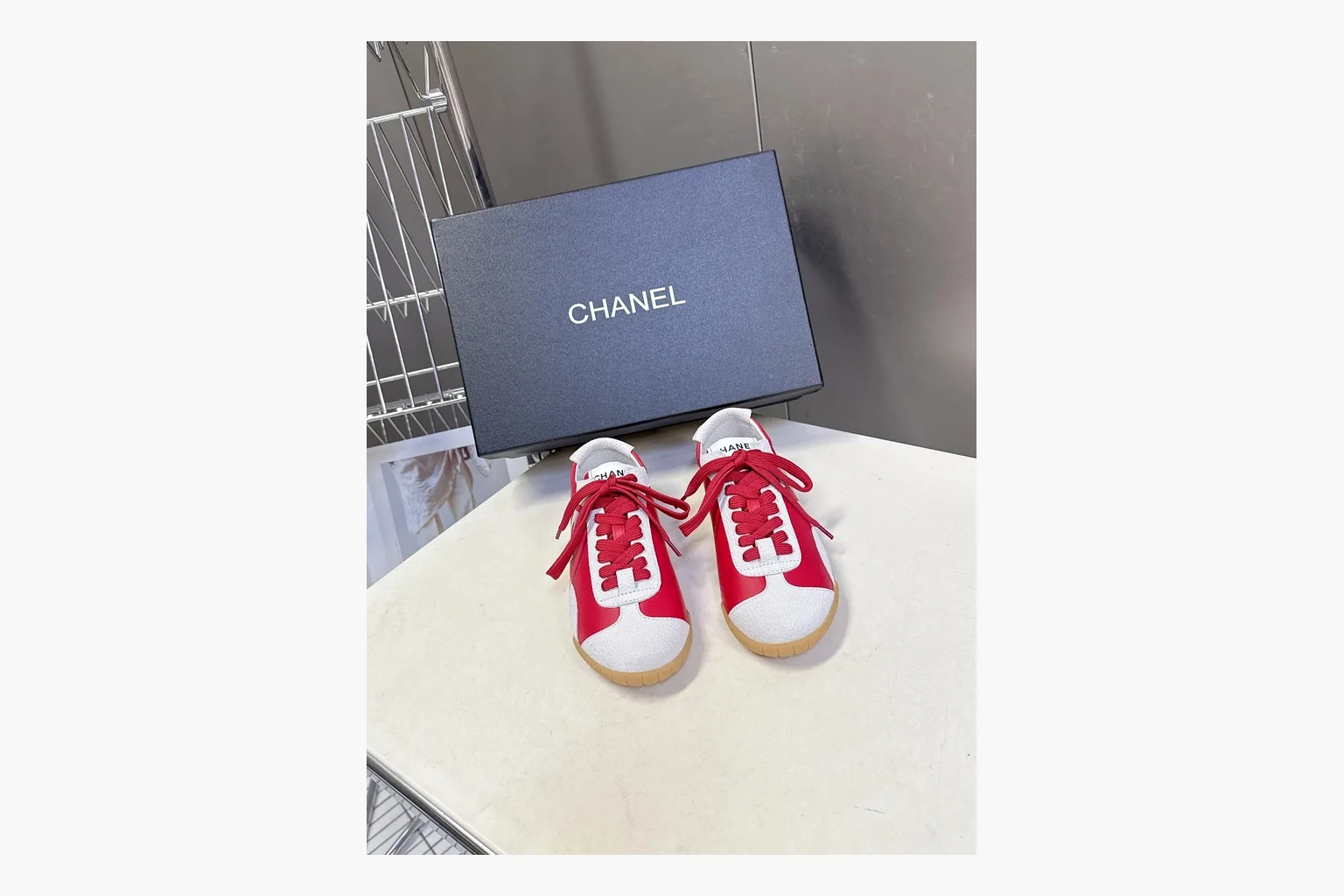 Chanel Red White Platform Sneaker spreadsheet record photo showing red and white low-top upper, platform sole, leather-suede panel mix, box views, and rounded casual sneaker shape