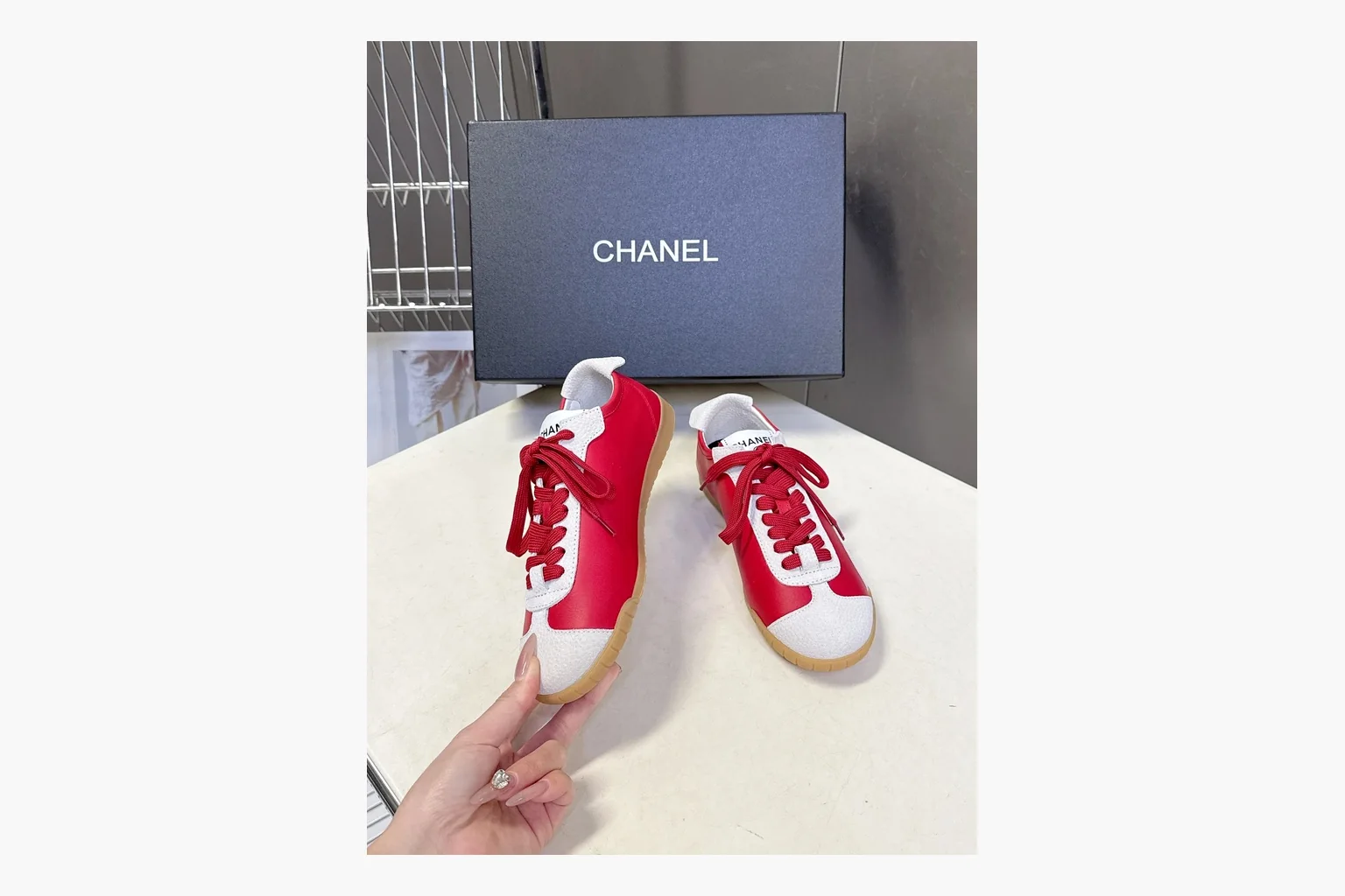 Chanel Red White Platform Sneaker spreadsheet record photo showing red and white low-top upper, platform sole, leather-suede panel mix, box views, and rounded casual sneaker shape thumbnail 2