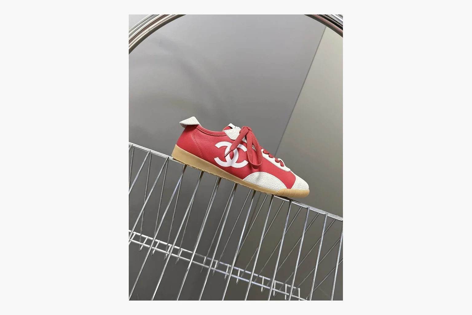 Chanel Red White Platform Sneaker spreadsheet record photo showing red and white low-top upper, platform sole, leather-suede panel mix, box views, and rounded casual sneaker shape thumbnail 3