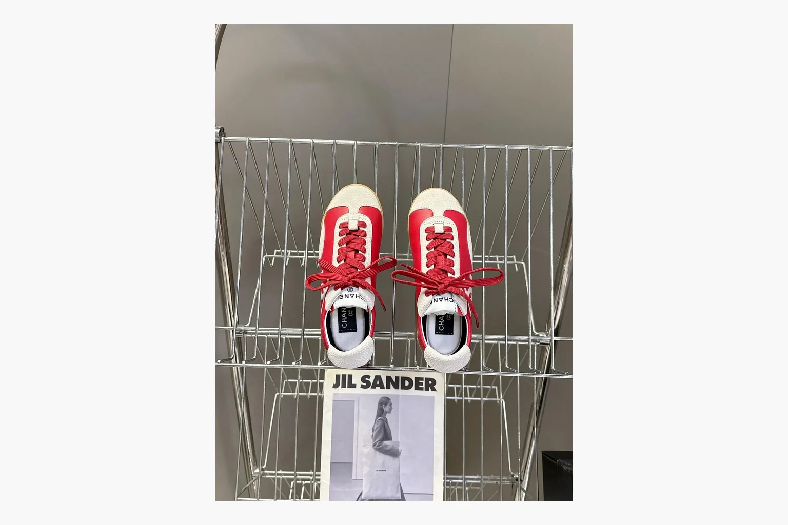 Chanel Red White Platform Sneaker spreadsheet record photo showing red and white low-top upper, platform sole, leather-suede panel mix, box views, and rounded casual sneaker shape