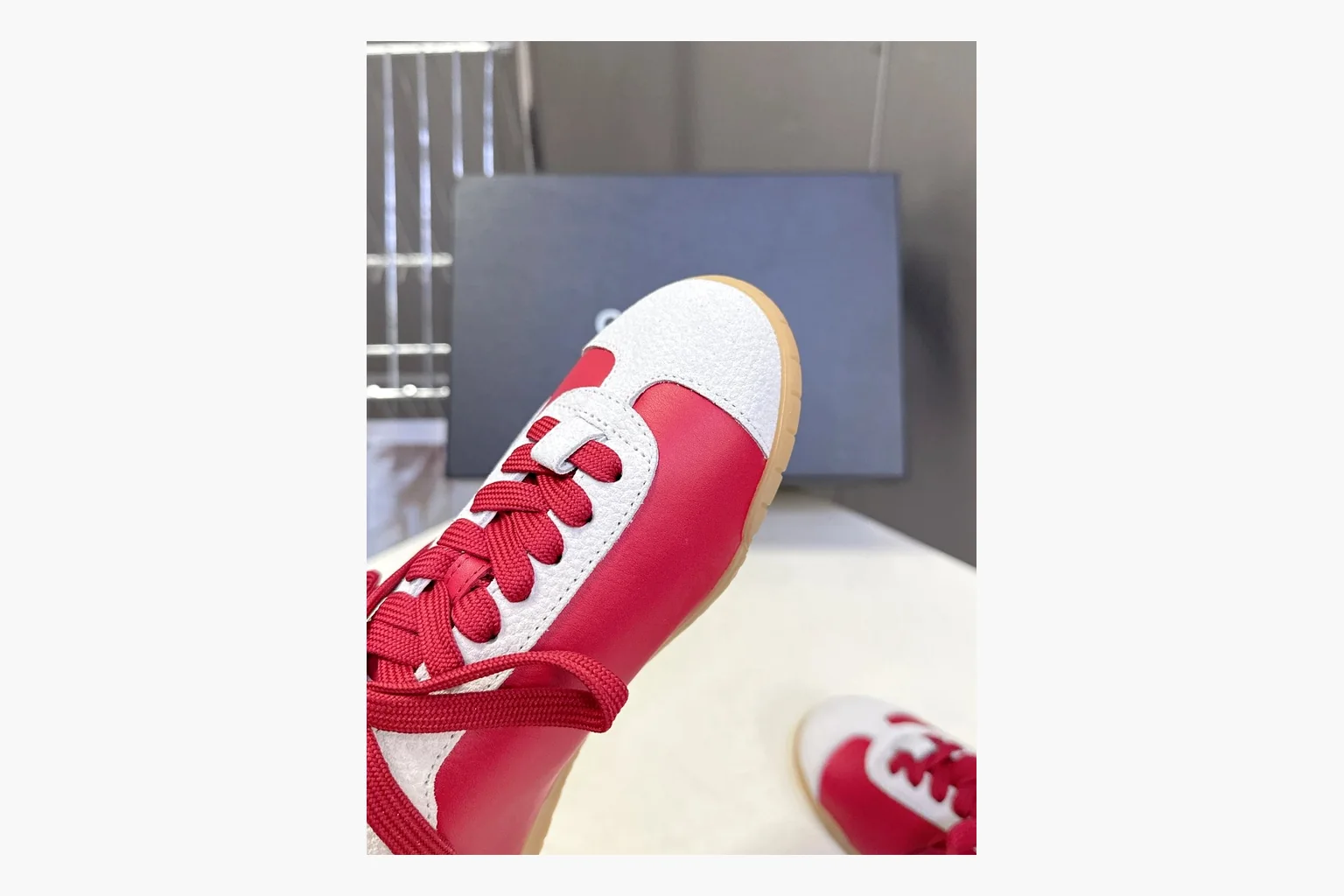 Chanel Red White Platform Sneaker spreadsheet record photo showing red and white low-top upper, platform sole, leather-suede panel mix, box views, and rounded casual sneaker shape thumbnail 5