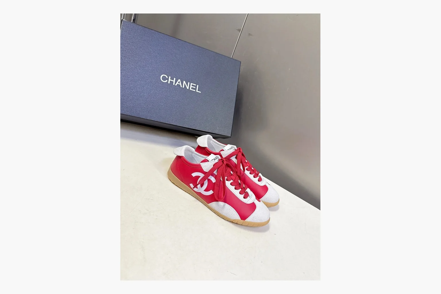Chanel Red White Platform Sneaker spreadsheet record photo showing red and white low-top upper, platform sole, leather-suede panel mix, box views, and rounded casual sneaker shape thumbnail 6