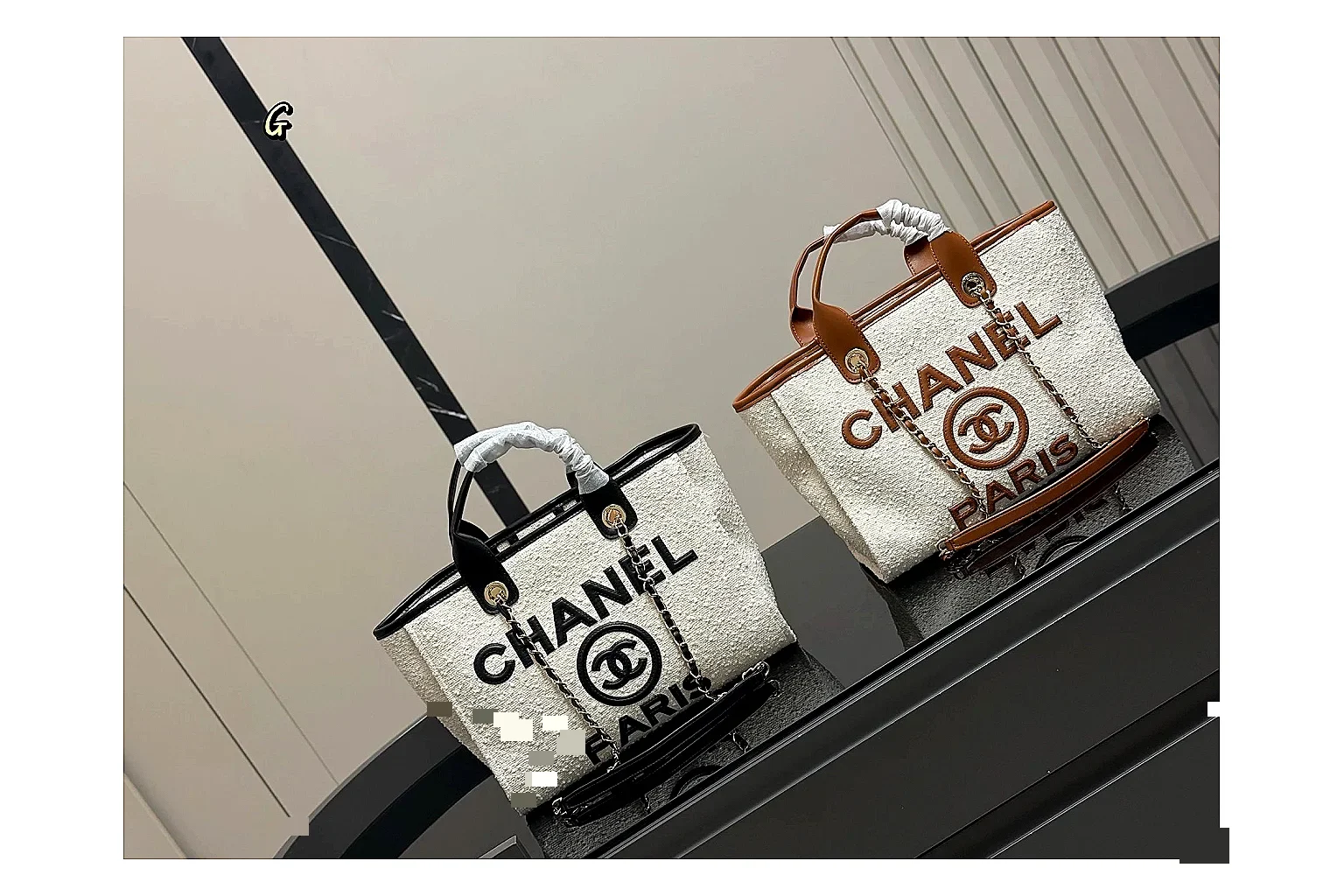 Chanel Tote Bag White Black spreadsheet record photo showing white black canvas-leather tote body, open carry shape, structured handles, and branded luxury-bag details