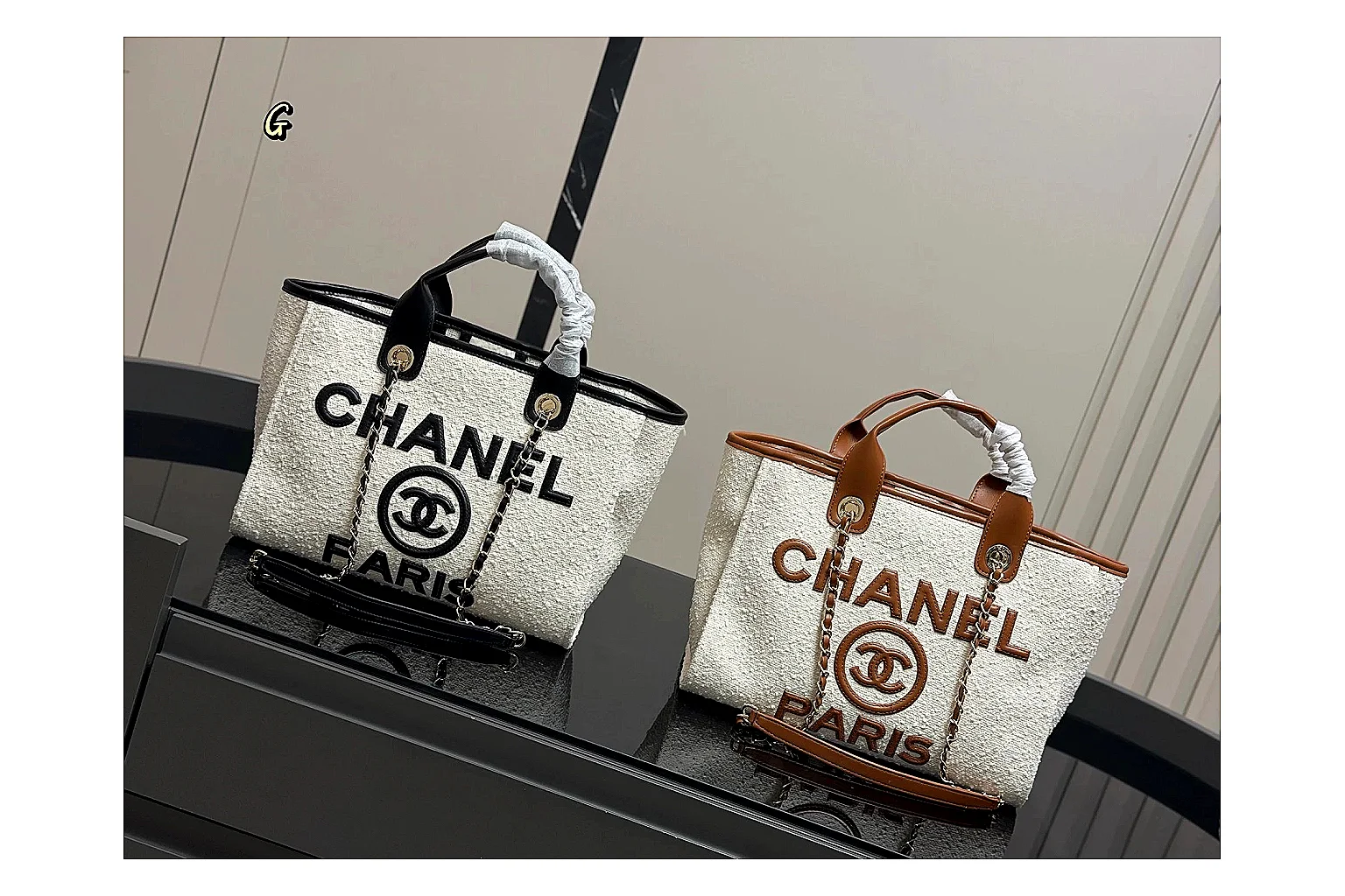 Chanel Tote Bag White Black spreadsheet record photo showing white black canvas-leather tote body, open carry shape, structured handles, and branded luxury-bag details thumbnail 6