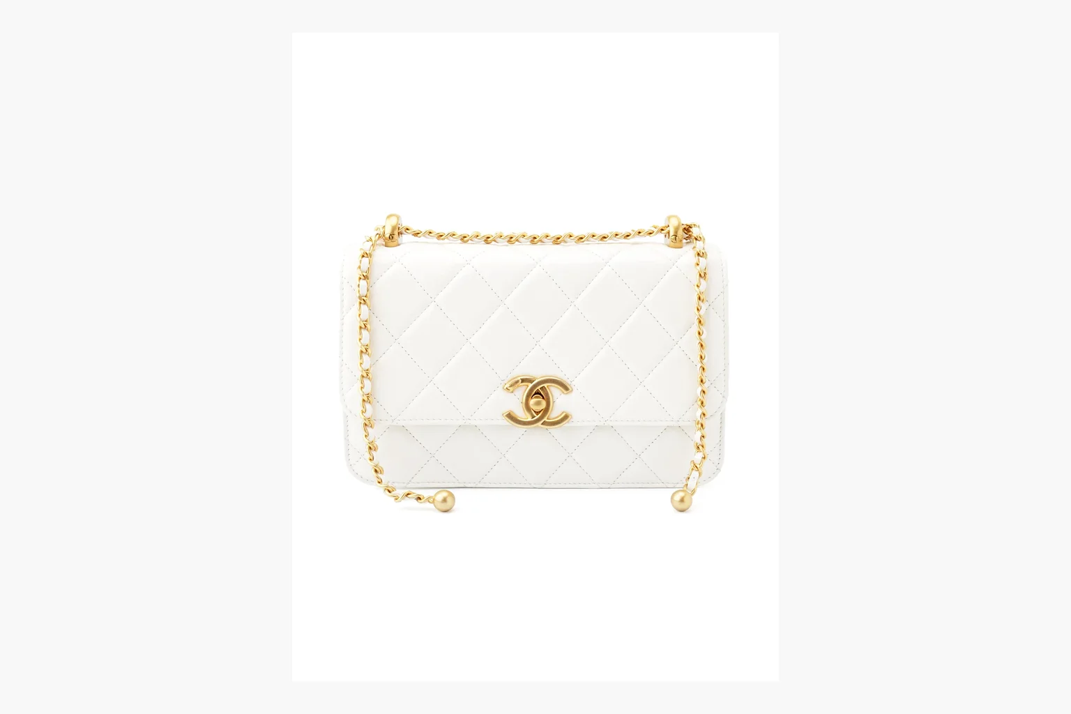 Chanel White Chain Flap Bag spreadsheet record photo showing white leather flap bag body, gold chain hardware, compact rectangular shape, side-view structure, and clean flap edge thumbnail 3
