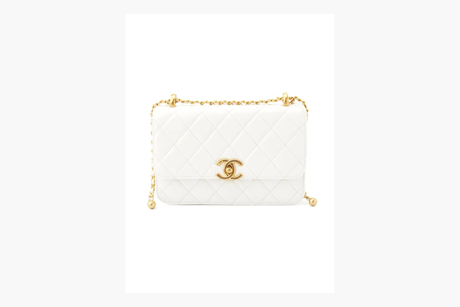 Chanel White Chain Flap Bag spreadsheet record photo showing white leather flap bag body, gold chain hardware, compact rectangular shape, side-view structure, and clean flap edge thumbnail 6