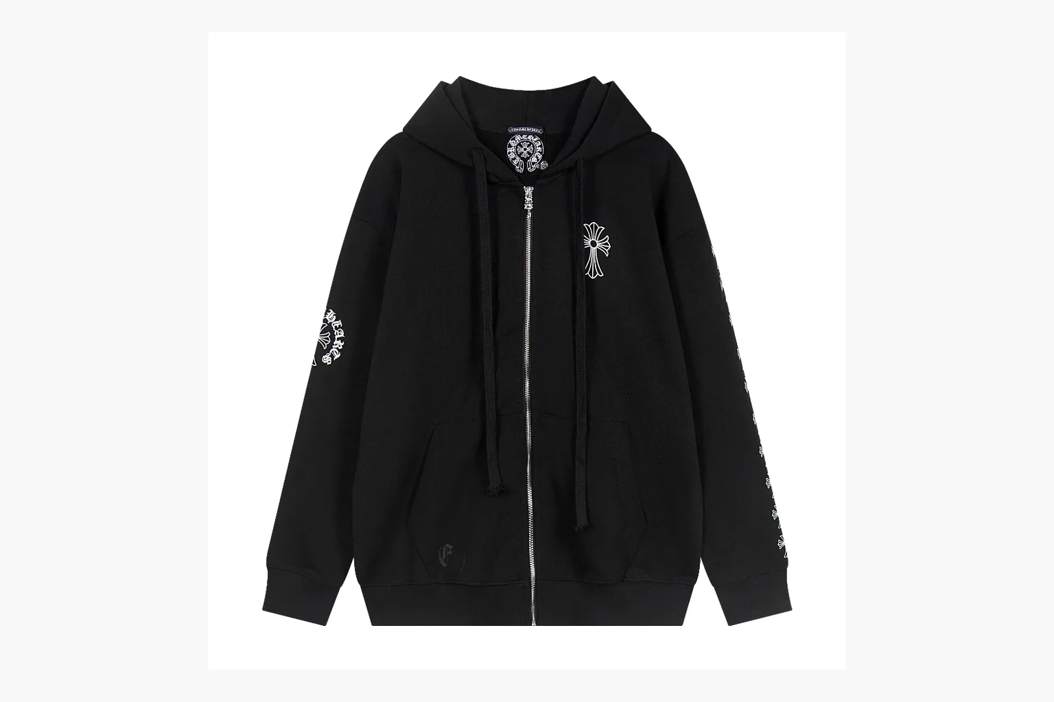 Chrome Hearts Cross Zip Hoodie Black spreadsheet record photo showing black cotton fleece zip hoodie, large back cross graphic, silver zipper pull, hood drawcords, and front pocket structure