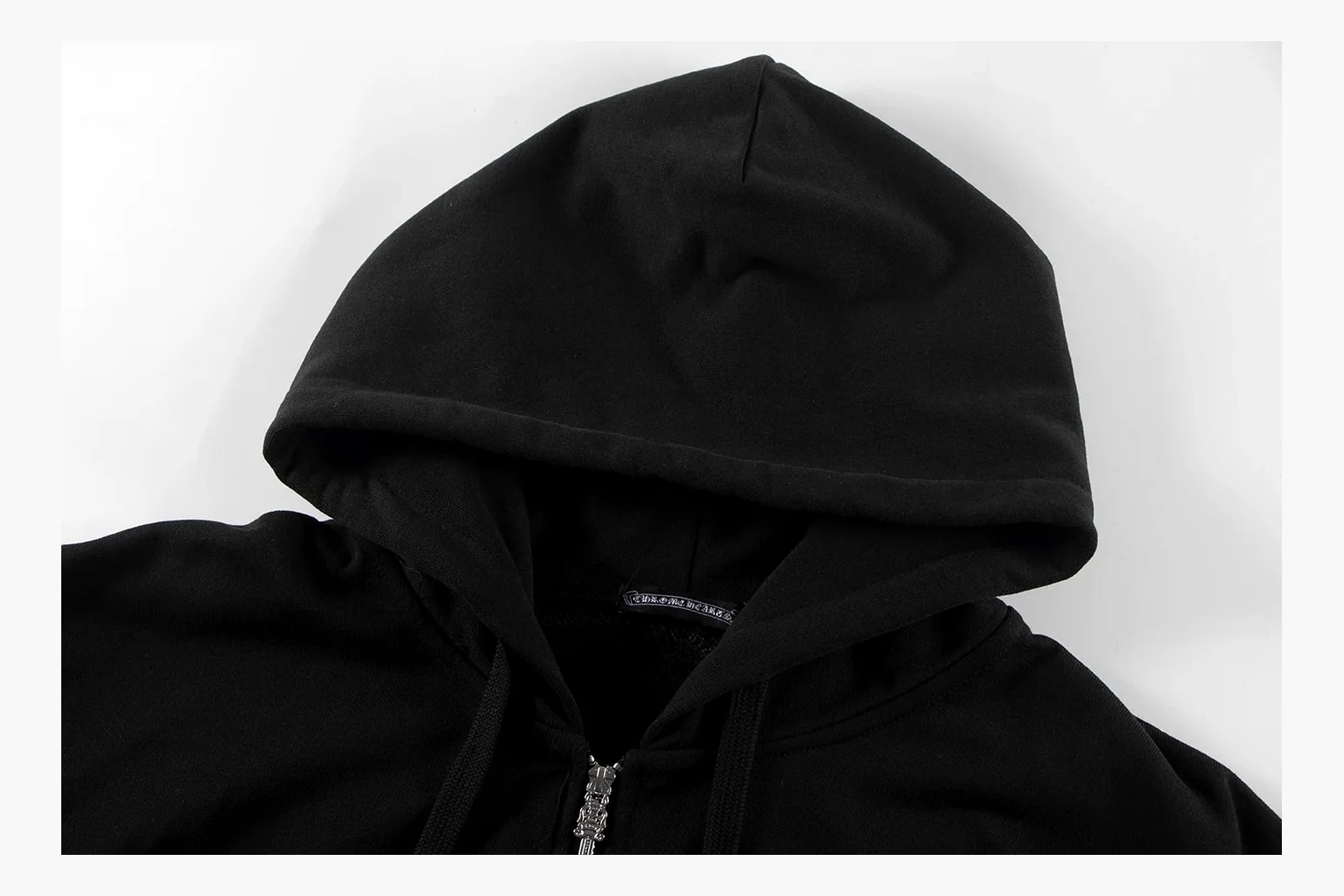Chrome Hearts Cross Zip Hoodie Black spreadsheet record photo showing black cotton fleece zip hoodie, large back cross graphic, silver zipper pull, hood drawcords, and front pocket structure thumbnail 2