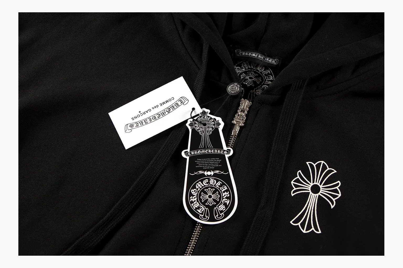 Chrome Hearts Cross Zip Hoodie Black spreadsheet record photo showing black cotton fleece zip hoodie, large back cross graphic, silver zipper pull, hood drawcords, and front pocket structure