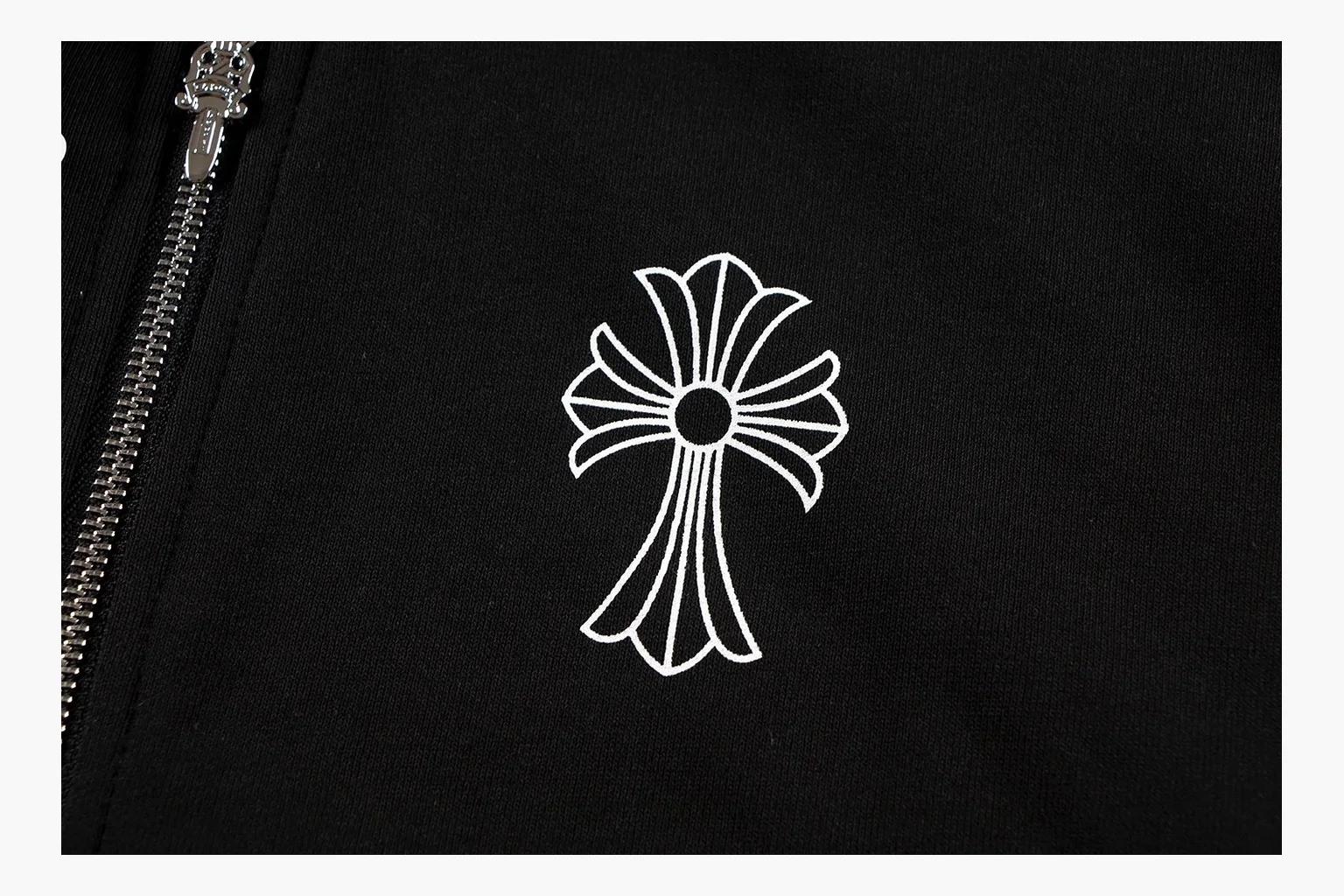 Chrome Hearts Cross Zip Hoodie Black spreadsheet record photo showing black cotton fleece zip hoodie, large back cross graphic, silver zipper pull, hood drawcords, and front pocket structure thumbnail 5