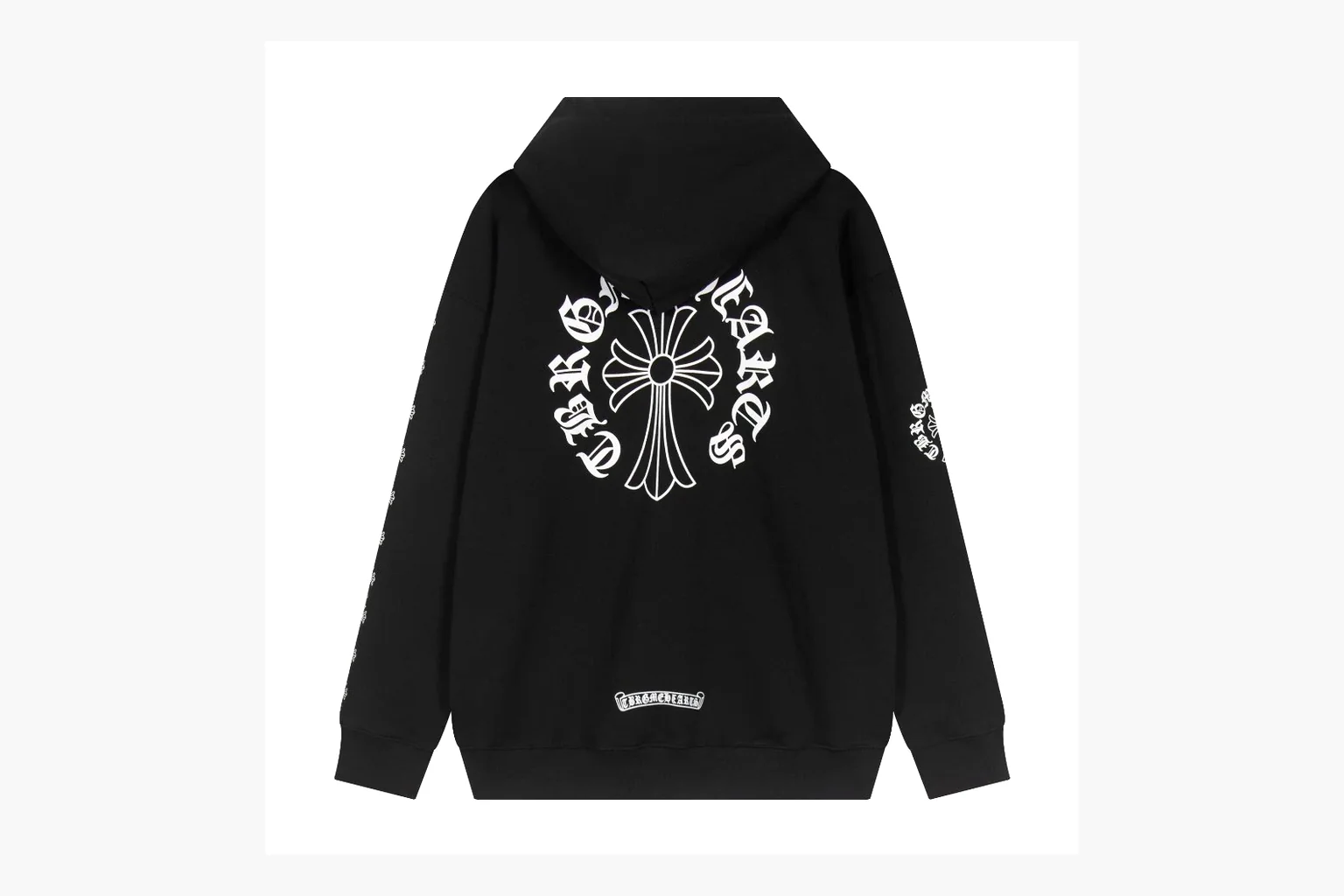 Chrome Hearts Cross Zip Hoodie Black spreadsheet record photo showing black cotton fleece zip hoodie, large back cross graphic, silver zipper pull, hood drawcords, and front pocket structure thumbnail 6