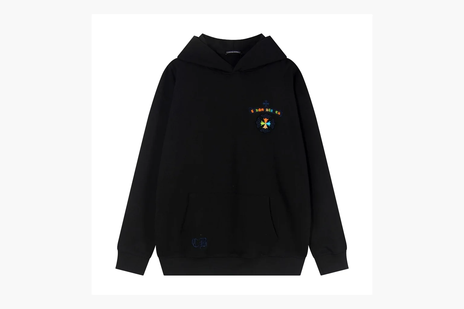 Chrome Hearts Rainbow Logo Hoodie Black spreadsheet record photo showing black cotton fleece pullover body, colorful back logo, hood detail, sleeve print, kangaroo pocket, and ribbed trim