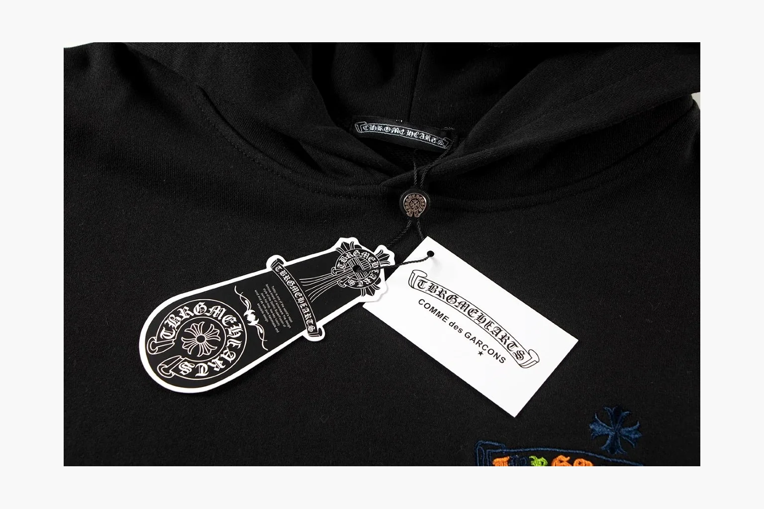 Chrome Hearts Rainbow Logo Hoodie Black spreadsheet record photo showing black cotton fleece pullover body, colorful back logo, hood detail, sleeve print, kangaroo pocket, and ribbed trim thumbnail 3