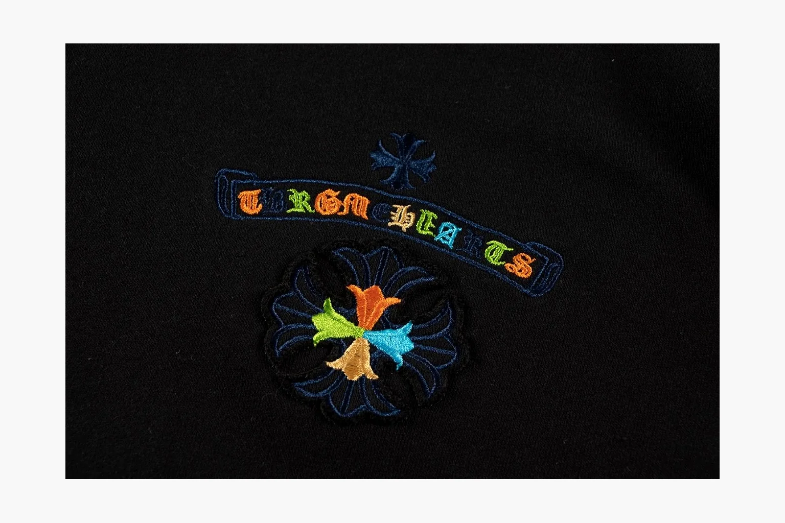 Chrome Hearts Rainbow Logo Hoodie Black spreadsheet record photo showing black cotton fleece pullover body, colorful back logo, hood detail, sleeve print, kangaroo pocket, and ribbed trim