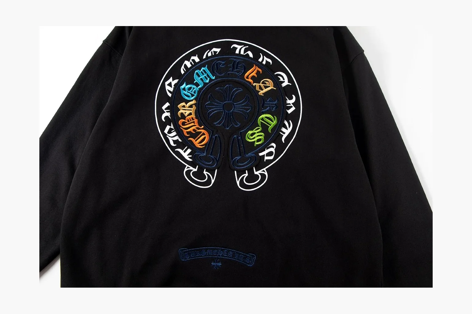 Chrome Hearts Rainbow Logo Hoodie Black spreadsheet record photo showing black cotton fleece pullover body, colorful back logo, hood detail, sleeve print, kangaroo pocket, and ribbed trim thumbnail 5