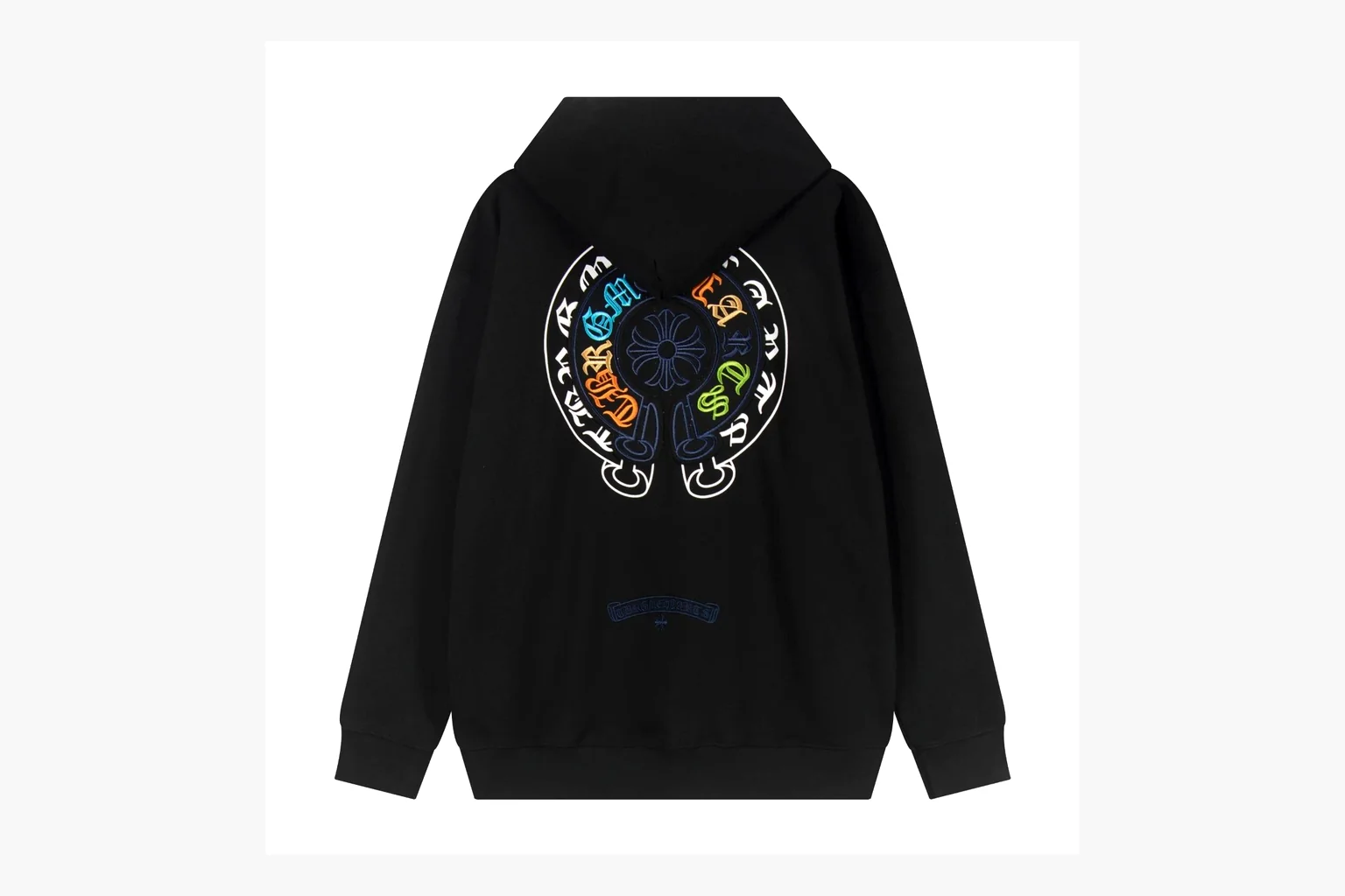 Chrome Hearts Rainbow Logo Hoodie Black spreadsheet record photo showing black cotton fleece pullover body, colorful back logo, hood detail, sleeve print, kangaroo pocket, and ribbed trim thumbnail 6