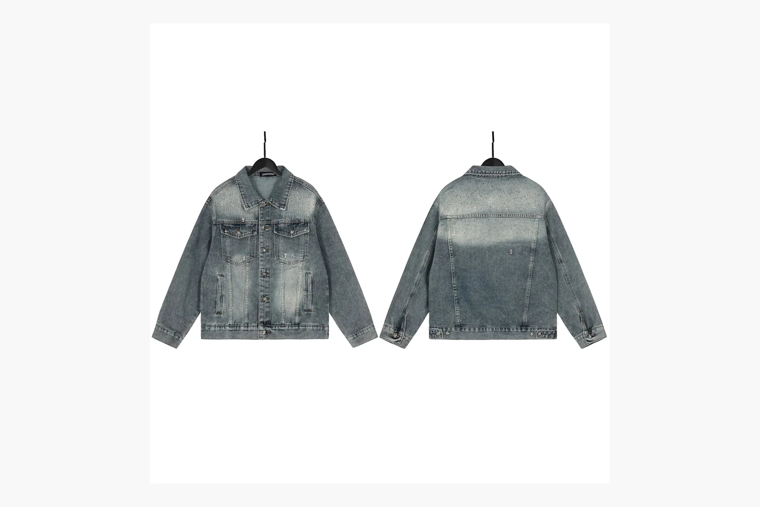 Chrome Hearts Rhinestone Denim Jacket Blue spreadsheet record photo showing washed blue denim jacket body, rhinestone cross pattern, button pockets, collar panels, metal hardware, and structured trucker shape
