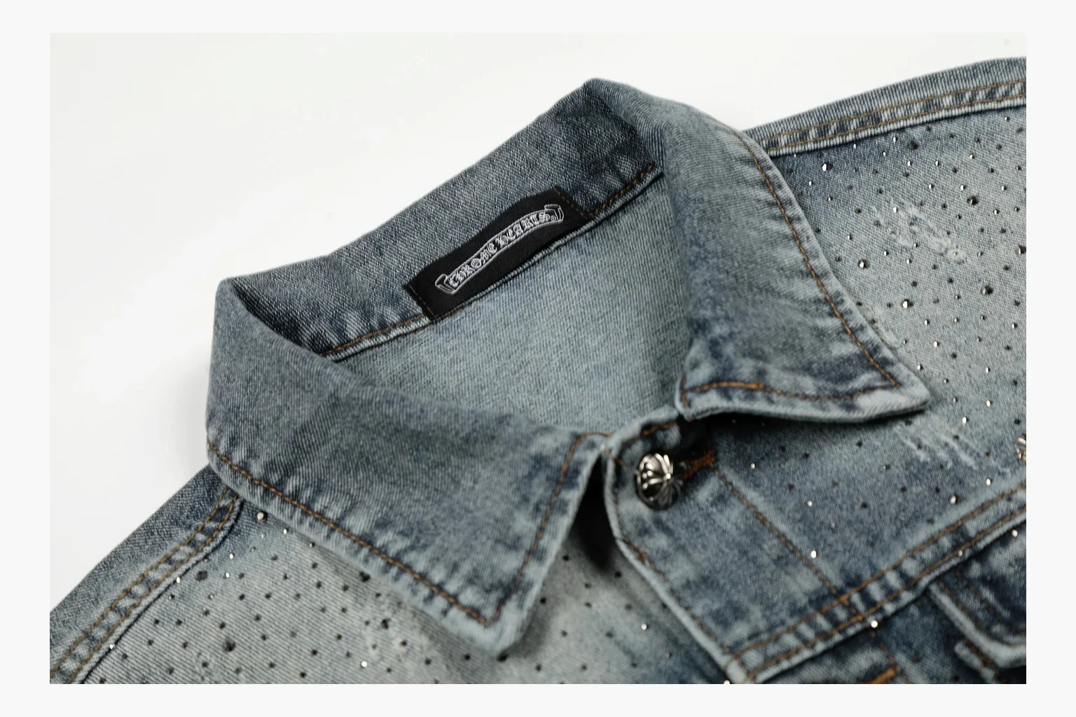 Chrome Hearts Rhinestone Denim Jacket Blue spreadsheet record photo showing washed blue denim jacket body, rhinestone cross pattern, button pockets, collar panels, metal hardware, and structured trucker shape thumbnail 2