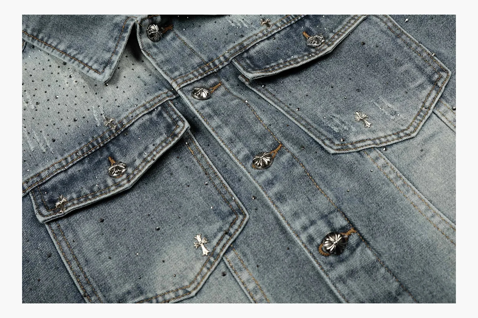 Chrome Hearts Rhinestone Denim Jacket Blue spreadsheet record photo showing washed blue denim jacket body, rhinestone cross pattern, button pockets, collar panels, metal hardware, and structured trucker shape thumbnail 3