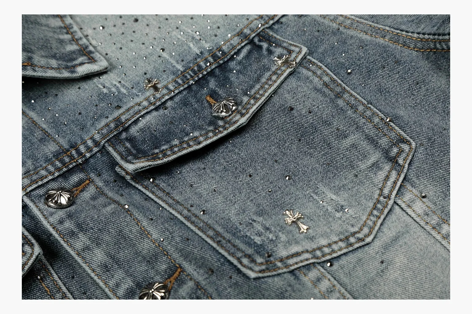 Chrome Hearts Rhinestone Denim Jacket Blue spreadsheet record photo showing washed blue denim jacket body, rhinestone cross pattern, button pockets, collar panels, metal hardware, and structured trucker shape thumbnail 5