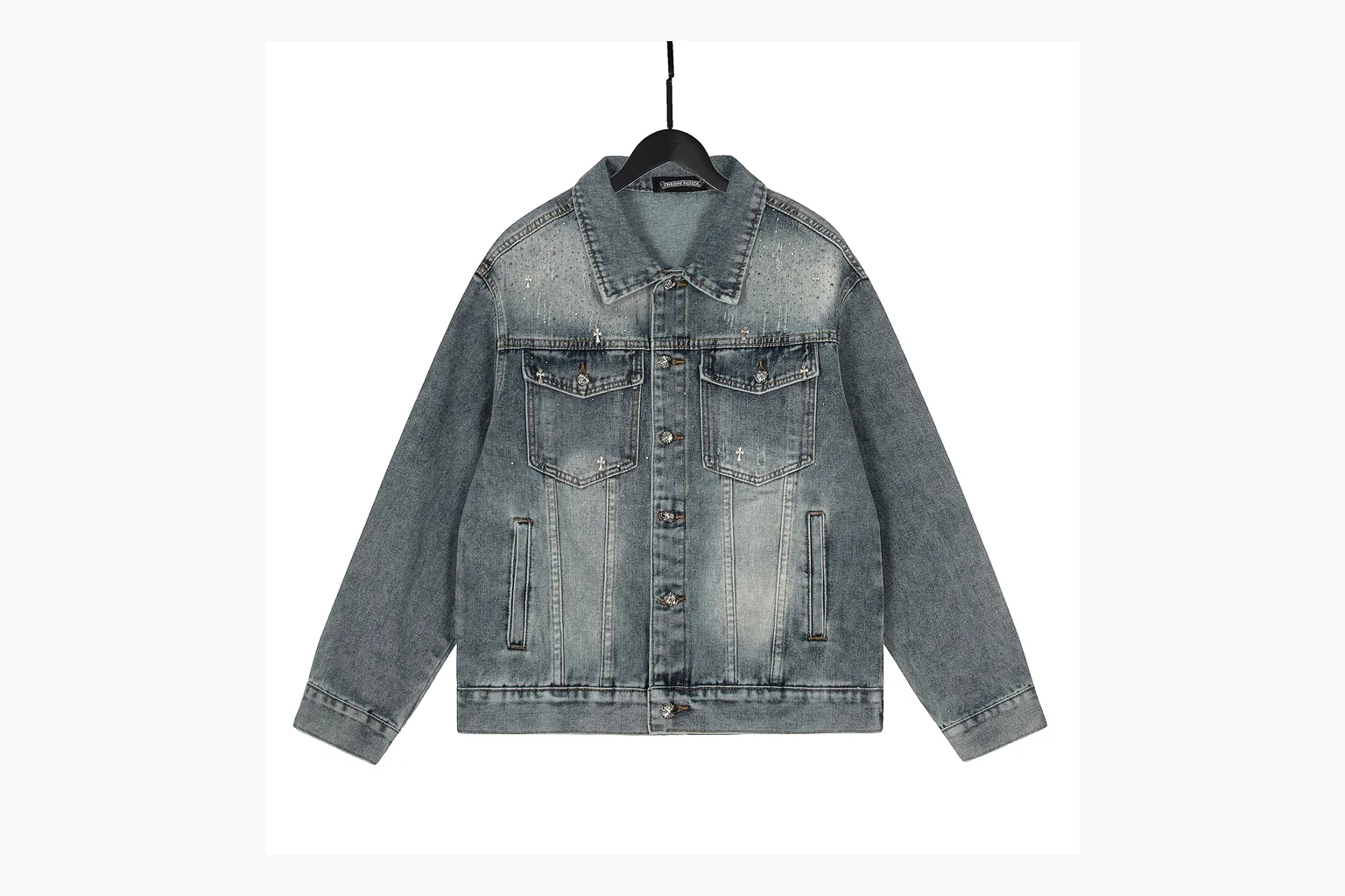 Chrome Hearts Rhinestone Denim Jacket Blue spreadsheet record photo showing washed blue denim jacket body, rhinestone cross pattern, button pockets, collar panels, metal hardware, and structured trucker shape thumbnail 6