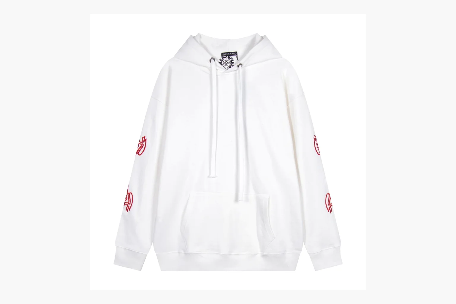 Chrome Hearts White Cross Zip Hoodie spreadsheet record photo showing white cotton fleece zip hoodie, cross back artwork, drawcord hood, sleeve print, front zipper, and ribbed trim