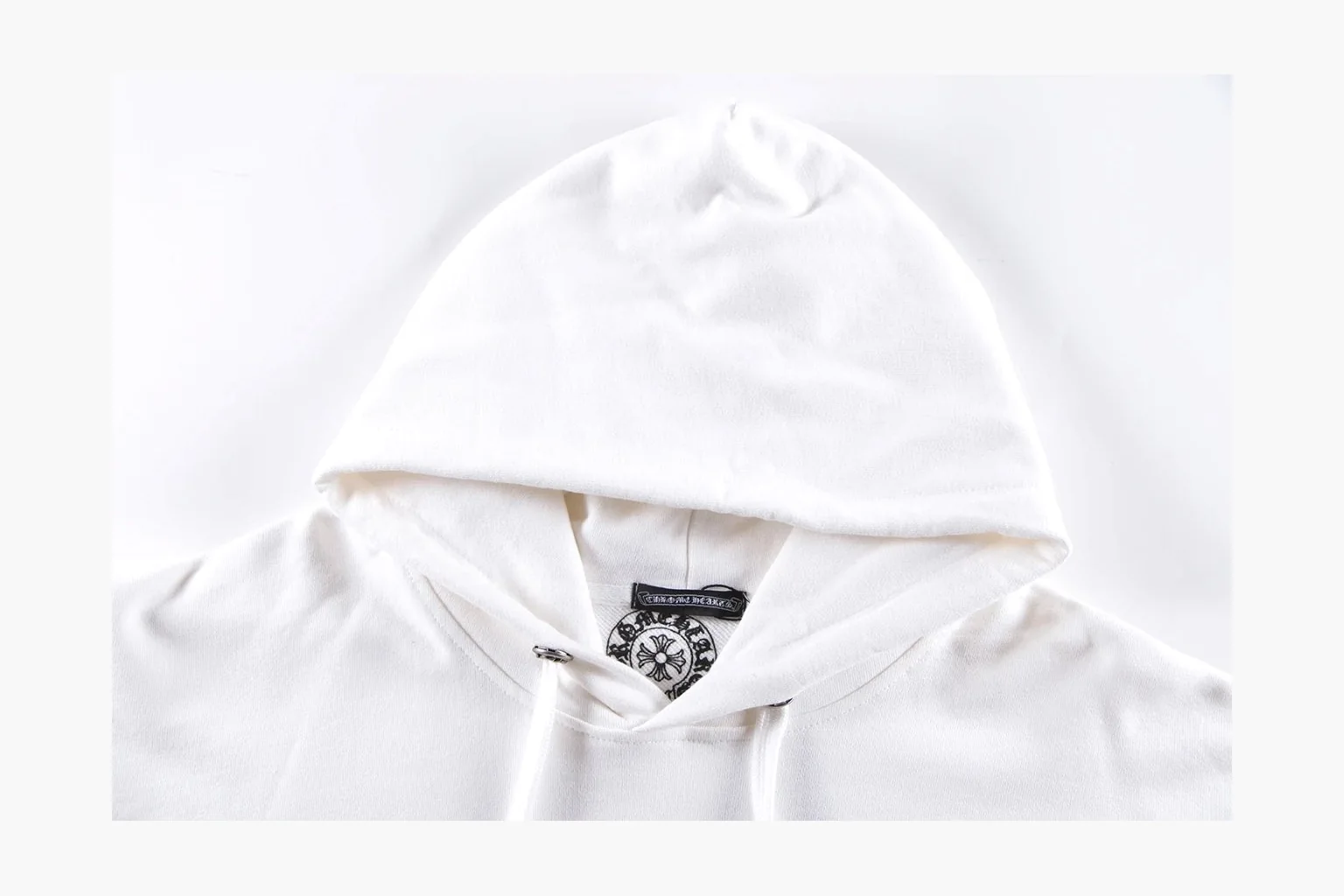 Chrome Hearts White Cross Zip Hoodie spreadsheet record photo showing white cotton fleece zip hoodie, cross back artwork, drawcord hood, sleeve print, front zipper, and ribbed trim