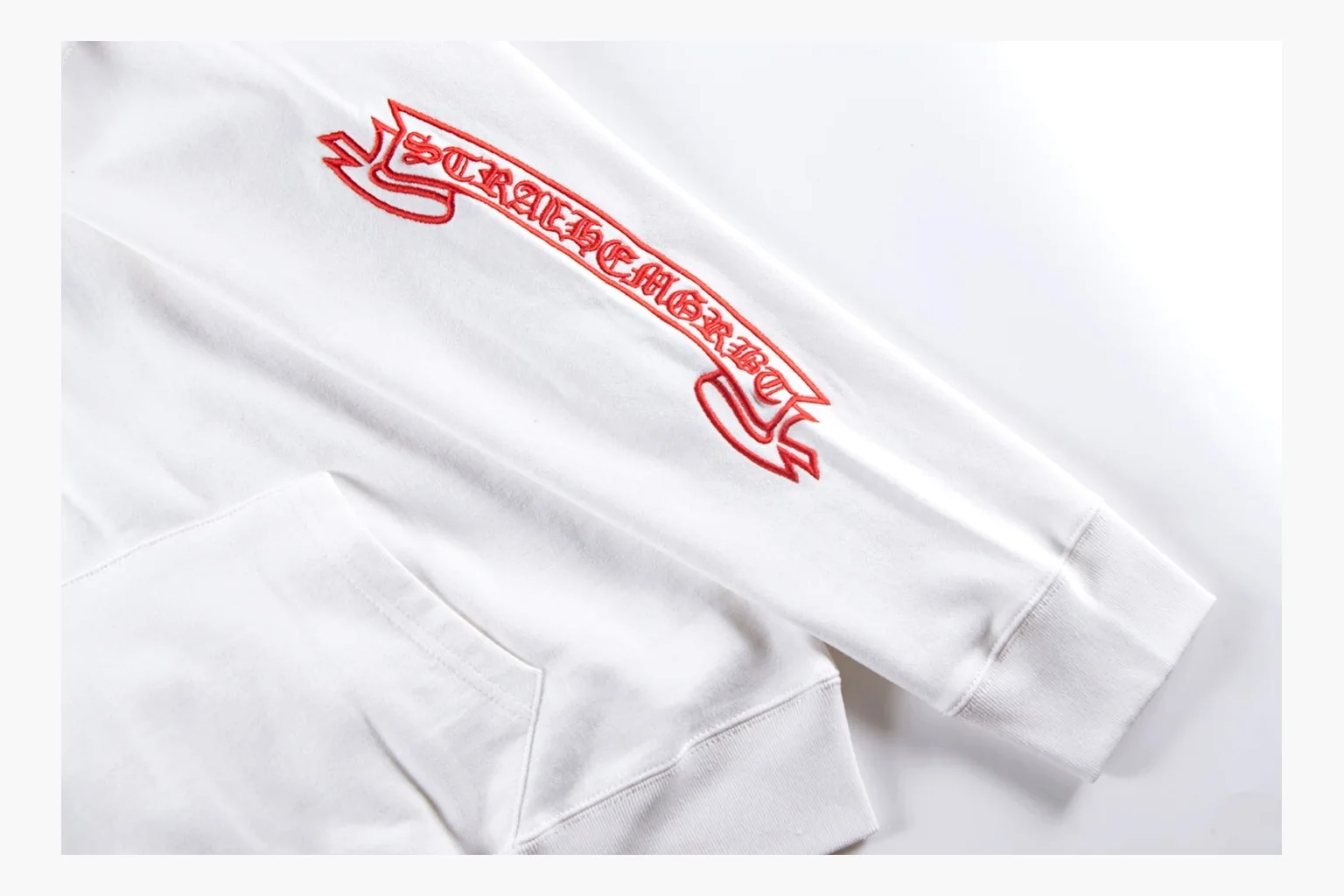 Chrome Hearts White Cross Zip Hoodie spreadsheet record photo showing white cotton fleece zip hoodie, cross back artwork, drawcord hood, sleeve print, front zipper, and ribbed trim thumbnail 5