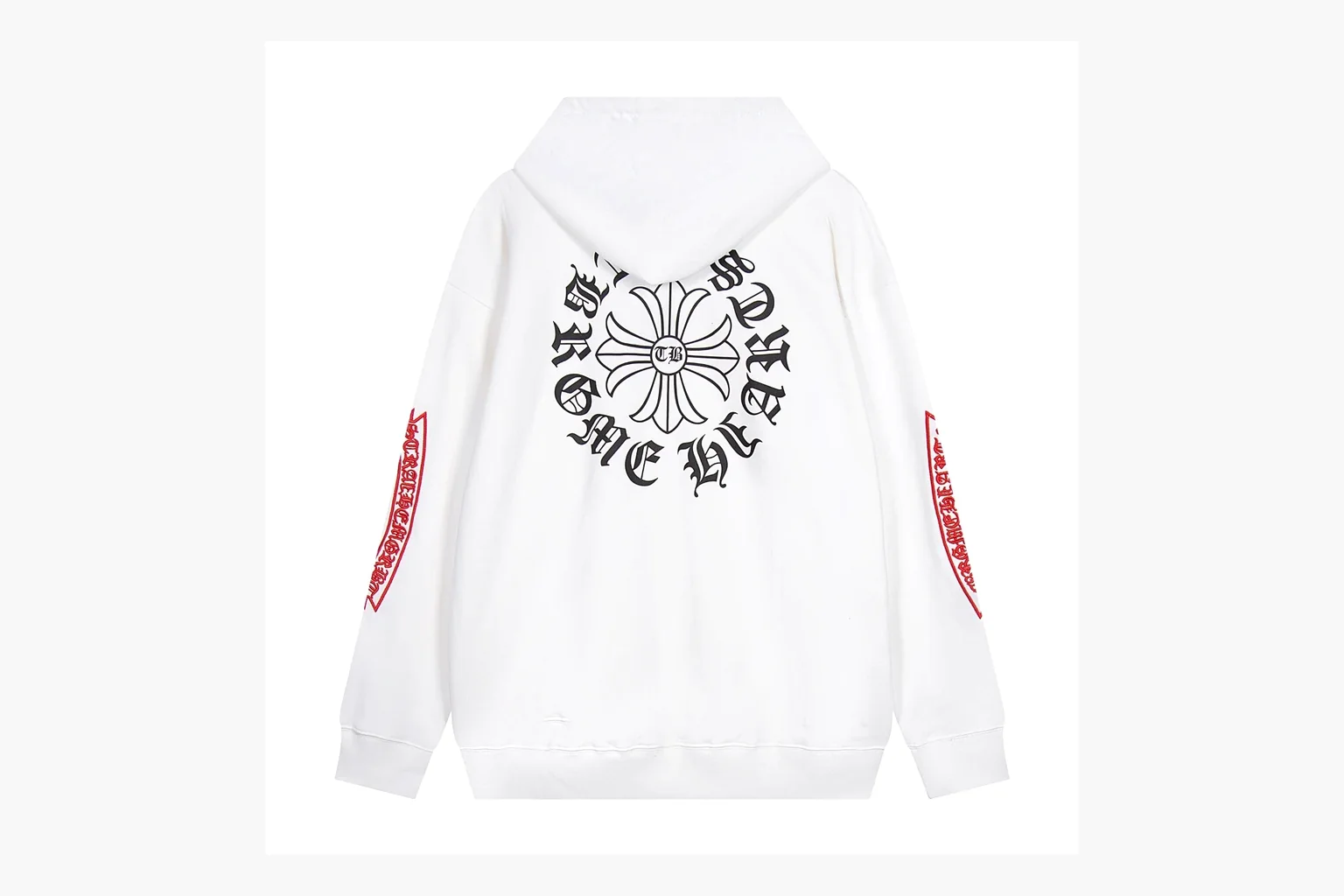 Chrome Hearts White Cross Zip Hoodie spreadsheet record photo showing white cotton fleece zip hoodie, cross back artwork, drawcord hood, sleeve print, front zipper, and ribbed trim thumbnail 6