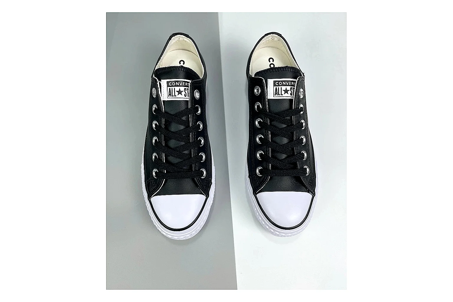 Converse All Star Lift Black Platform Low Top spreadsheet record photo showing black leather low-top upper, silver eyelets, white rubber toe cap, and elevated striped platform sole thumbnail 2