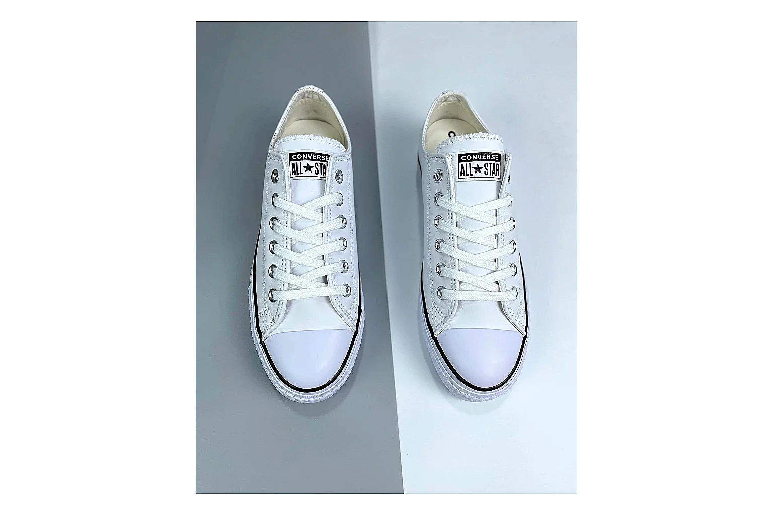 Converse All Star Lift White Platform Low Top spreadsheet record photo showing white smooth low-top upper, silver eyelets, black foxing stripes, and elevated platform rubber sole thumbnail 2