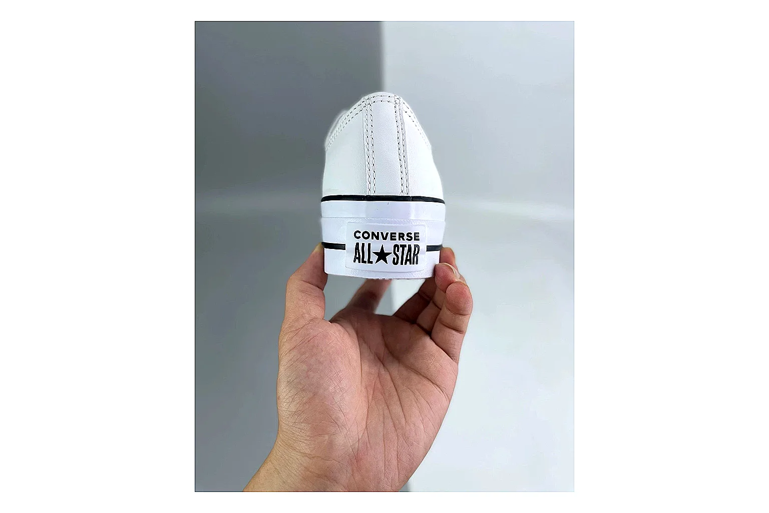 Converse All Star Lift White Platform Low Top spreadsheet record photo showing white smooth low-top upper, silver eyelets, black foxing stripes, and elevated platform rubber sole thumbnail 3