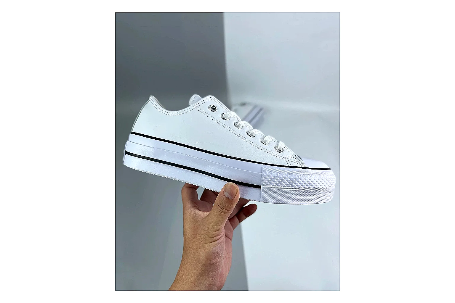 Converse All Star Lift White Platform Low Top spreadsheet record photo showing white smooth low-top upper, silver eyelets, black foxing stripes, and elevated platform rubber sole thumbnail 6