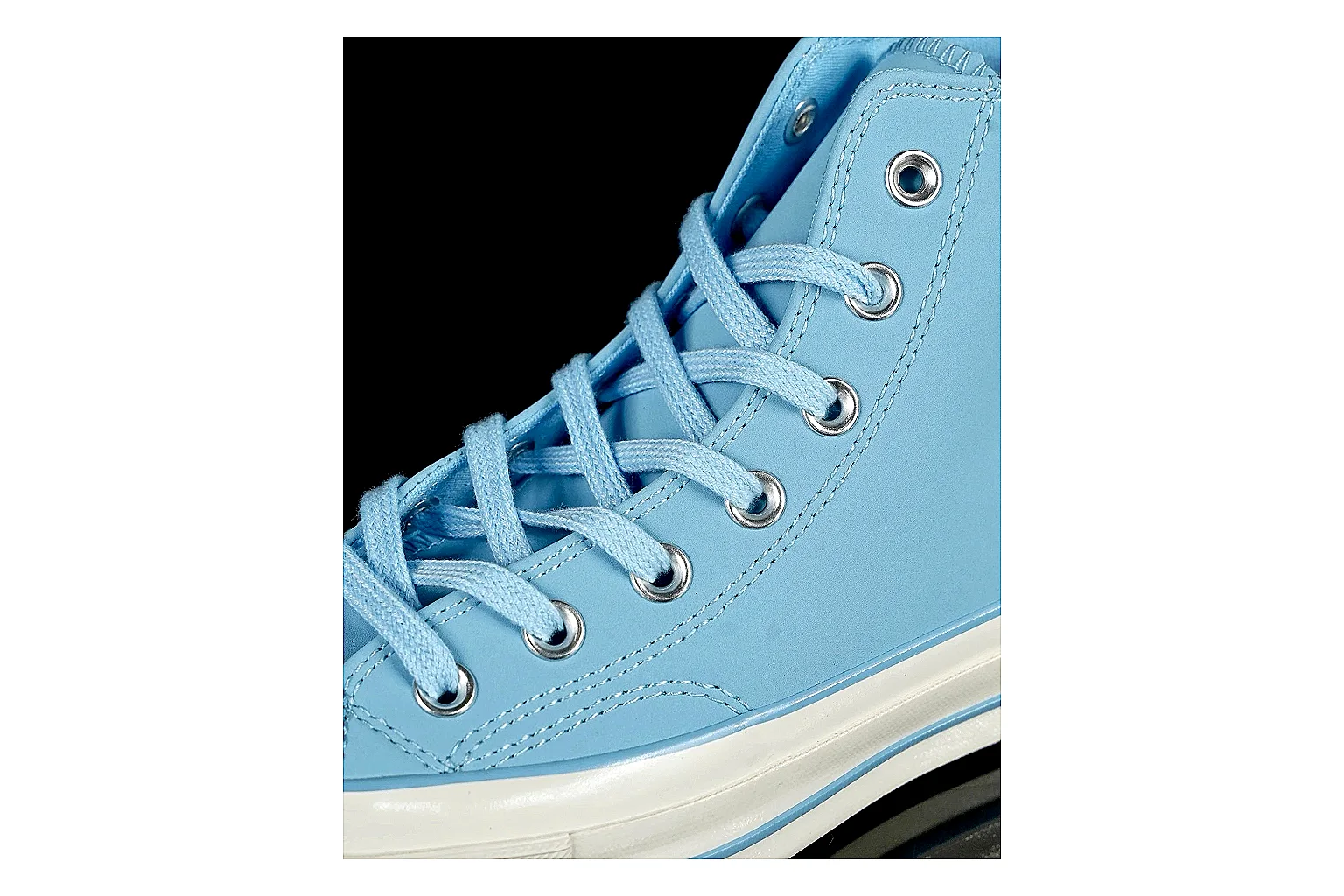 Converse Chuck 70 Light Blue High Top spreadsheet record photo showing light blue canvas upper, silver eyelets, off-white rubber toe cap, and vintage high-top sole thumbnail 5