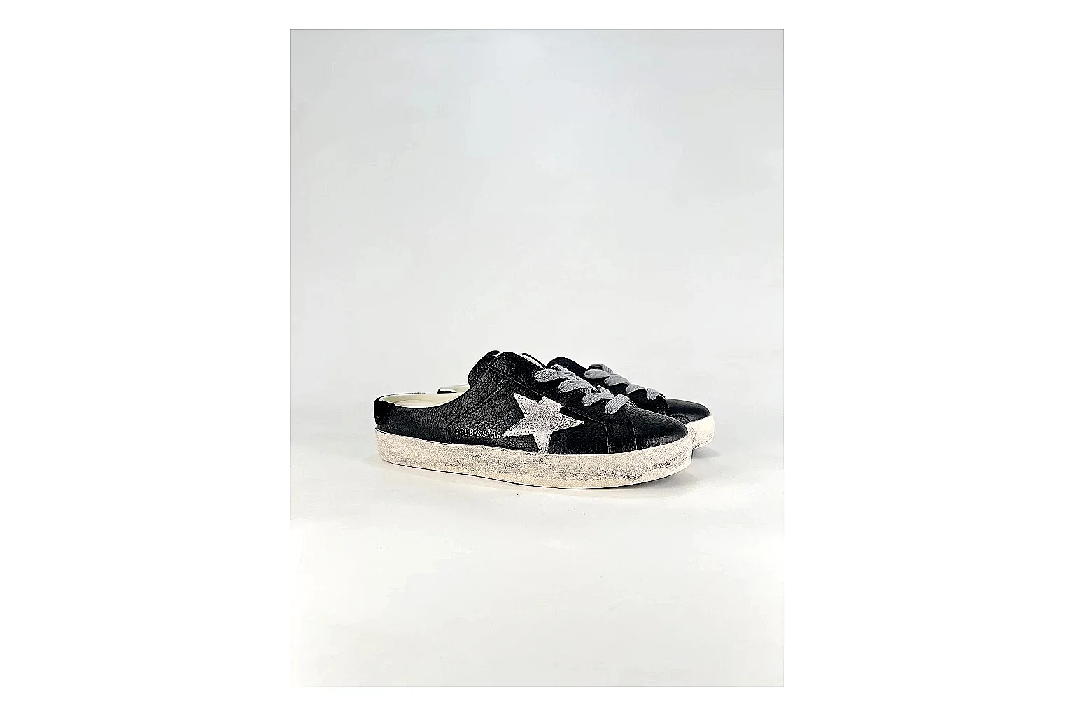 GGDB Super-Star Black White Sneakers spreadsheet record image with black white distressed low-top sneakers with leather texture, side-profile shape, upper panel lines, and outsole detail thumbnail 2