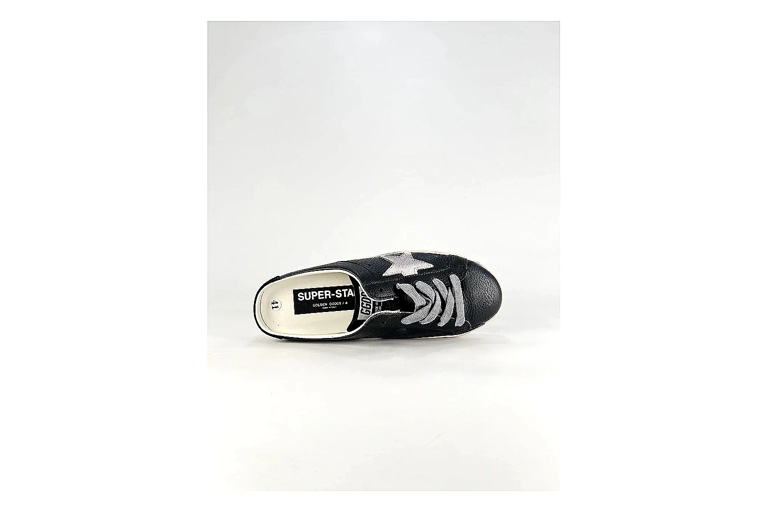 GGDB Super-Star Black White Sneakers spreadsheet record image with black white distressed low-top sneakers with leather texture, side-profile shape, upper panel lines, and outsole detail thumbnail 3