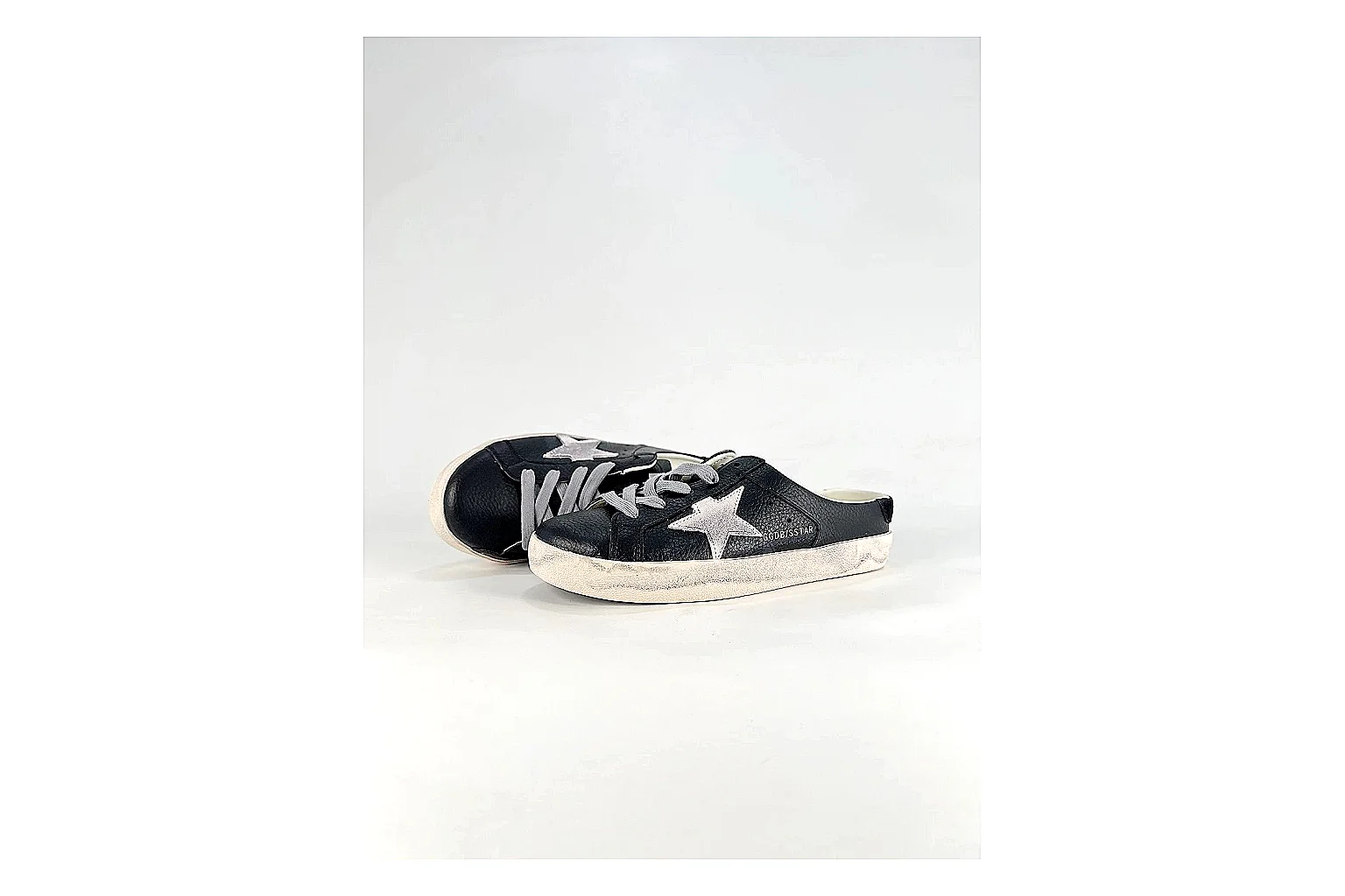 GGDB Super-Star Black White Sneakers spreadsheet record image with black white distressed low-top sneakers with leather texture, side-profile shape, upper panel lines, and outsole detail thumbnail 6
